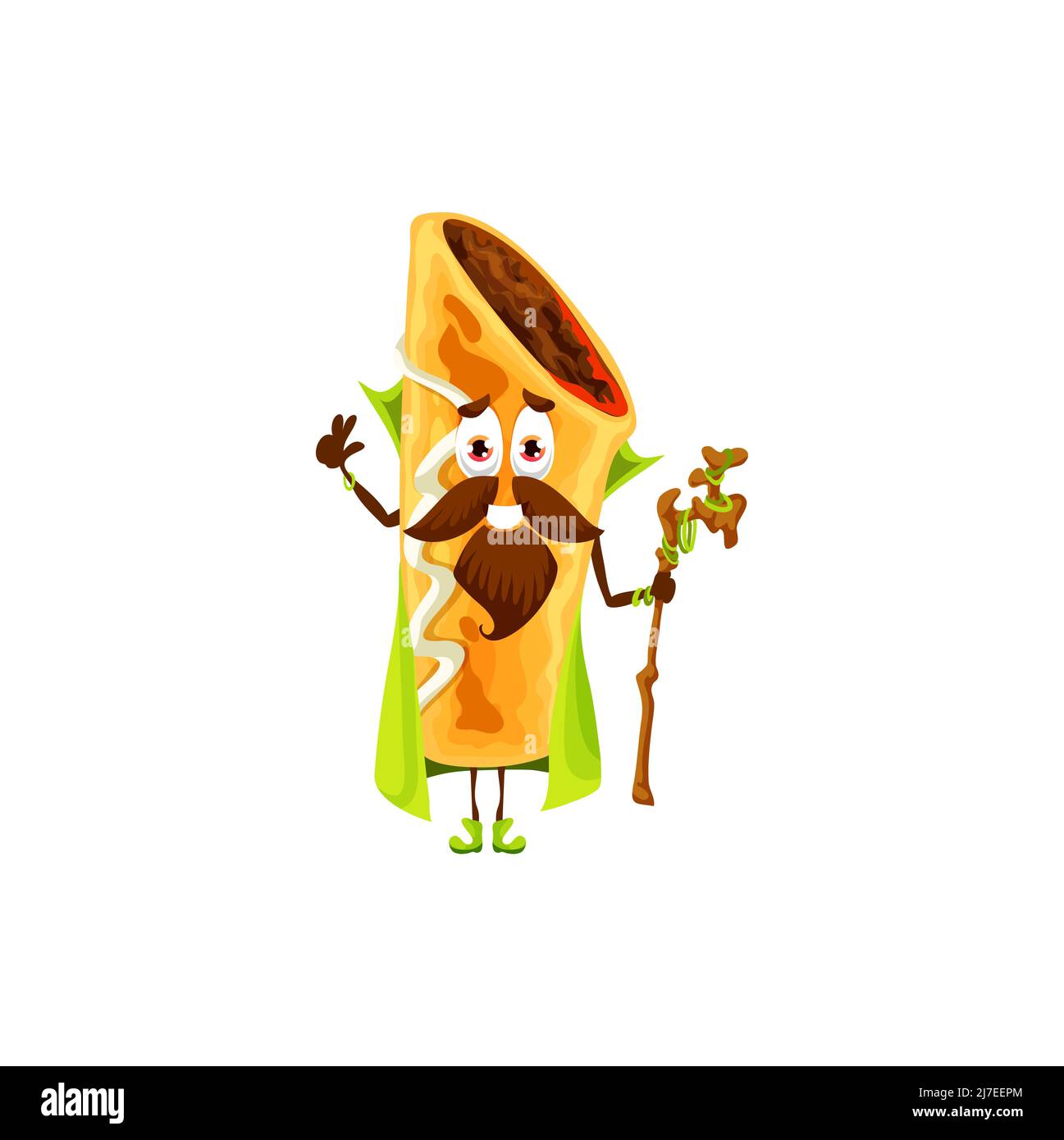 Fumetto messicano chimichanga wizard personaggio. Vector tex mex mago snack wiz con personale in legno in mano. Negromante, divertente smistatore di rotoli imbottiti a capo, personaggio magico, cibo tradizionale messicano Illustrazione Vettoriale