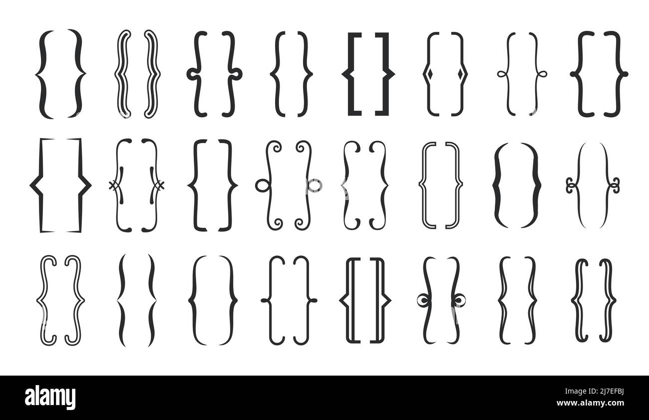 Parentesi di testo. Cornici ricurde, rotonde, quadrate, eleganti di segni di punteggiatura vettoriale. Linee nere isolate di parentesi figurate, parentesi e bretelle, calligrafia Illustrazione Vettoriale