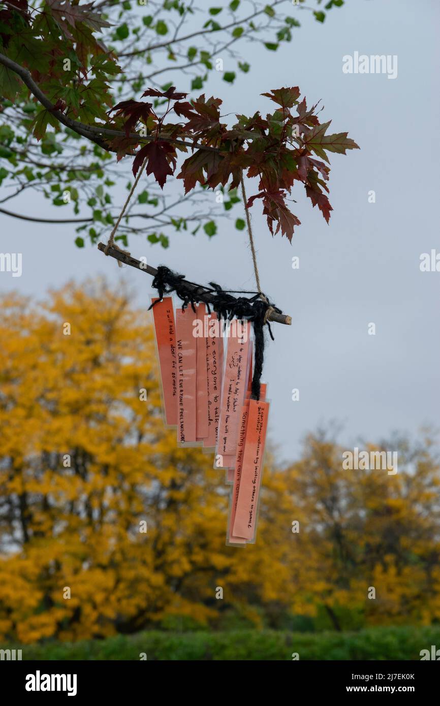 Desiderando bene e messaggi ispirativi appesi da un albero di acero in autunno, Ontario, Canada - fotografia di riserva Foto Stock