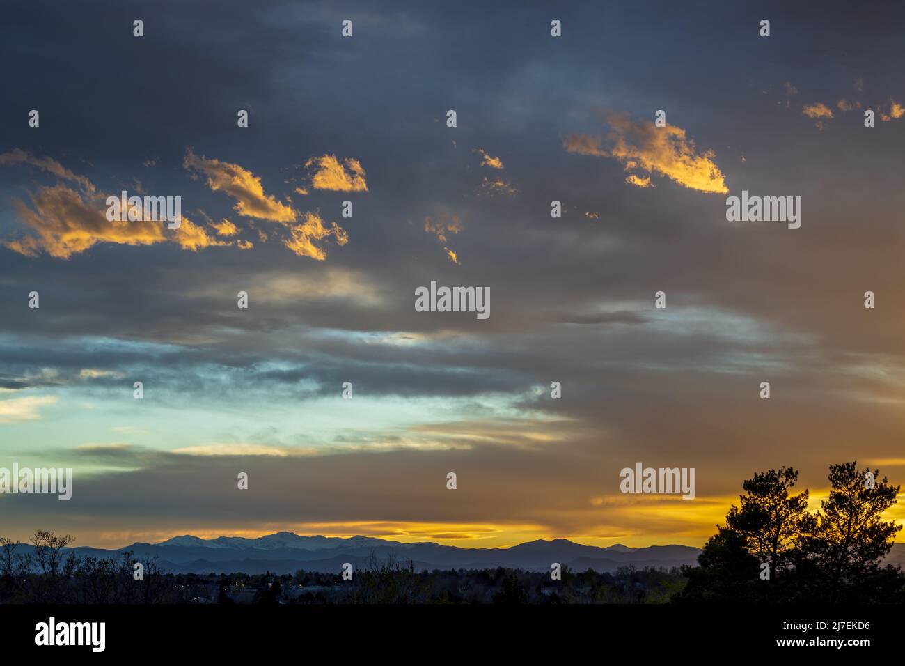 Un tramonto di primavera incredibilmente bello contro i rami dell'albero ad Aurora, Colorado Foto Stock