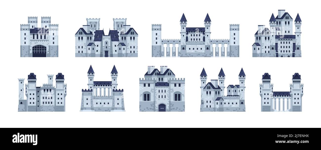 Castelli medievali. Cartoon fortezza fiabesca del vecchio regno con muri in pietra, cancello e torretta. Antico palazzo gotico vettoriale Illustrazione Vettoriale