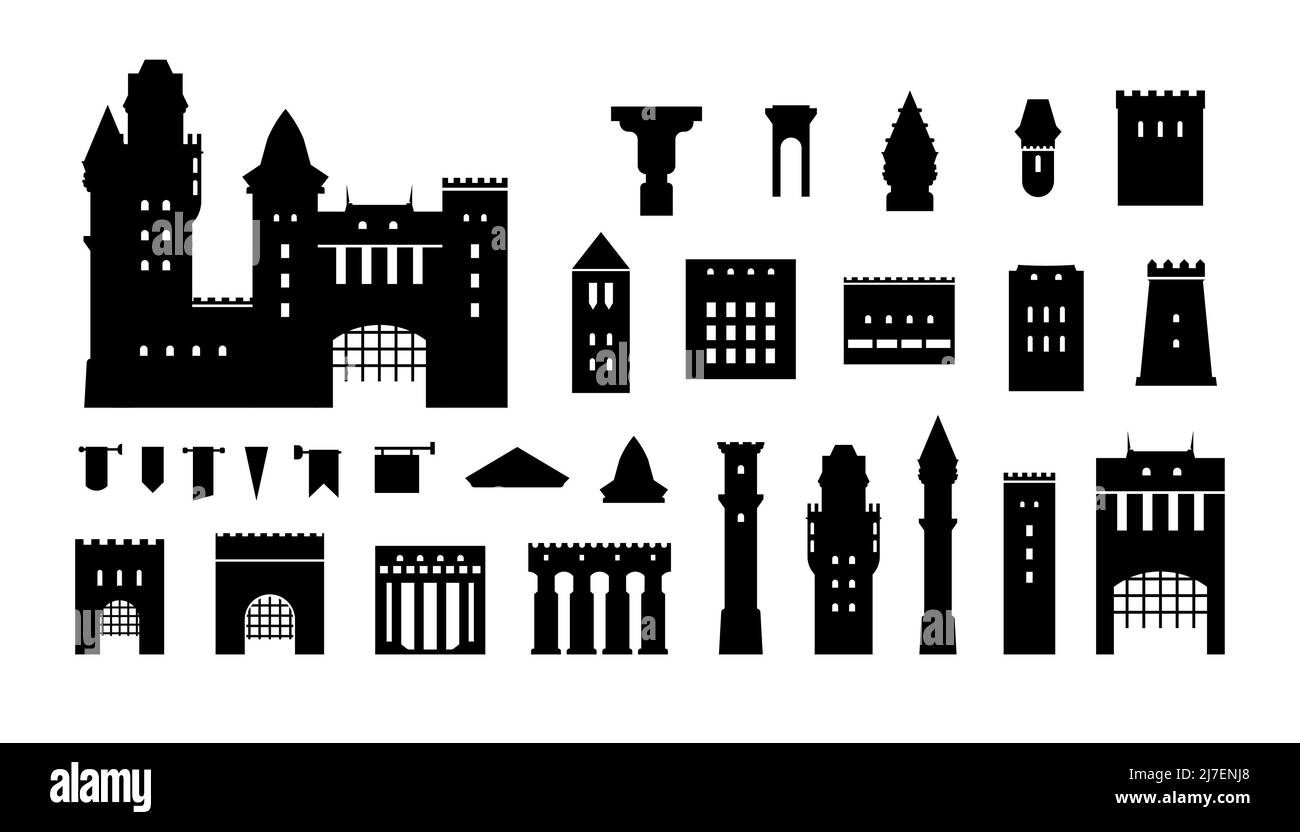 Silhouette del castello. Kit costruttore medievale fortezza con torri mura e cancello elementi neri. Antico monastero gotico vettoriale Illustrazione Vettoriale