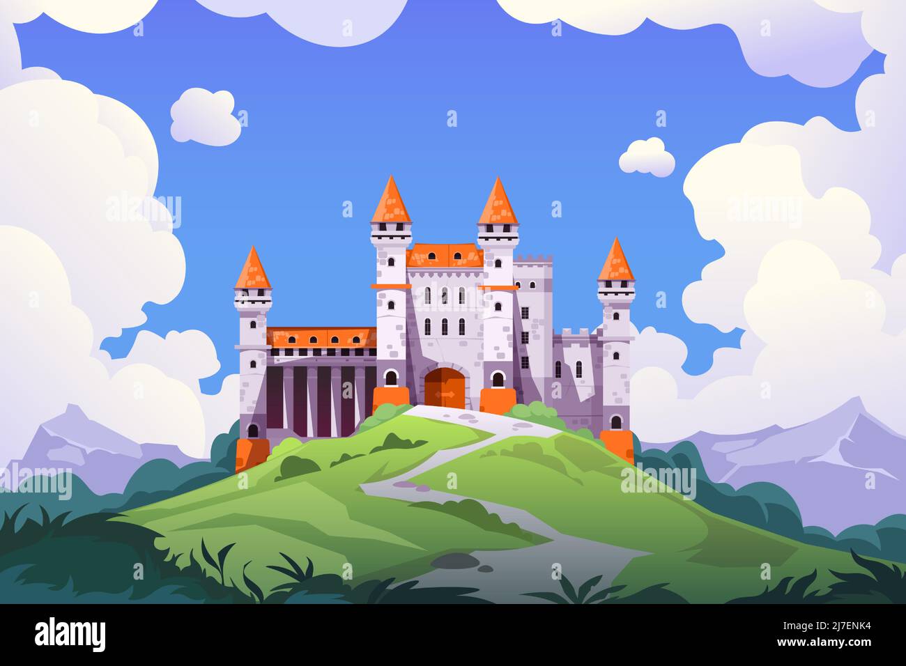 Paesaggio medievale castello. Castello medievale di Cartoon con torri e muri in pietra, palazzo fiabesco e castello principesco. Sfondo fantasy vettoriale Illustrazione Vettoriale