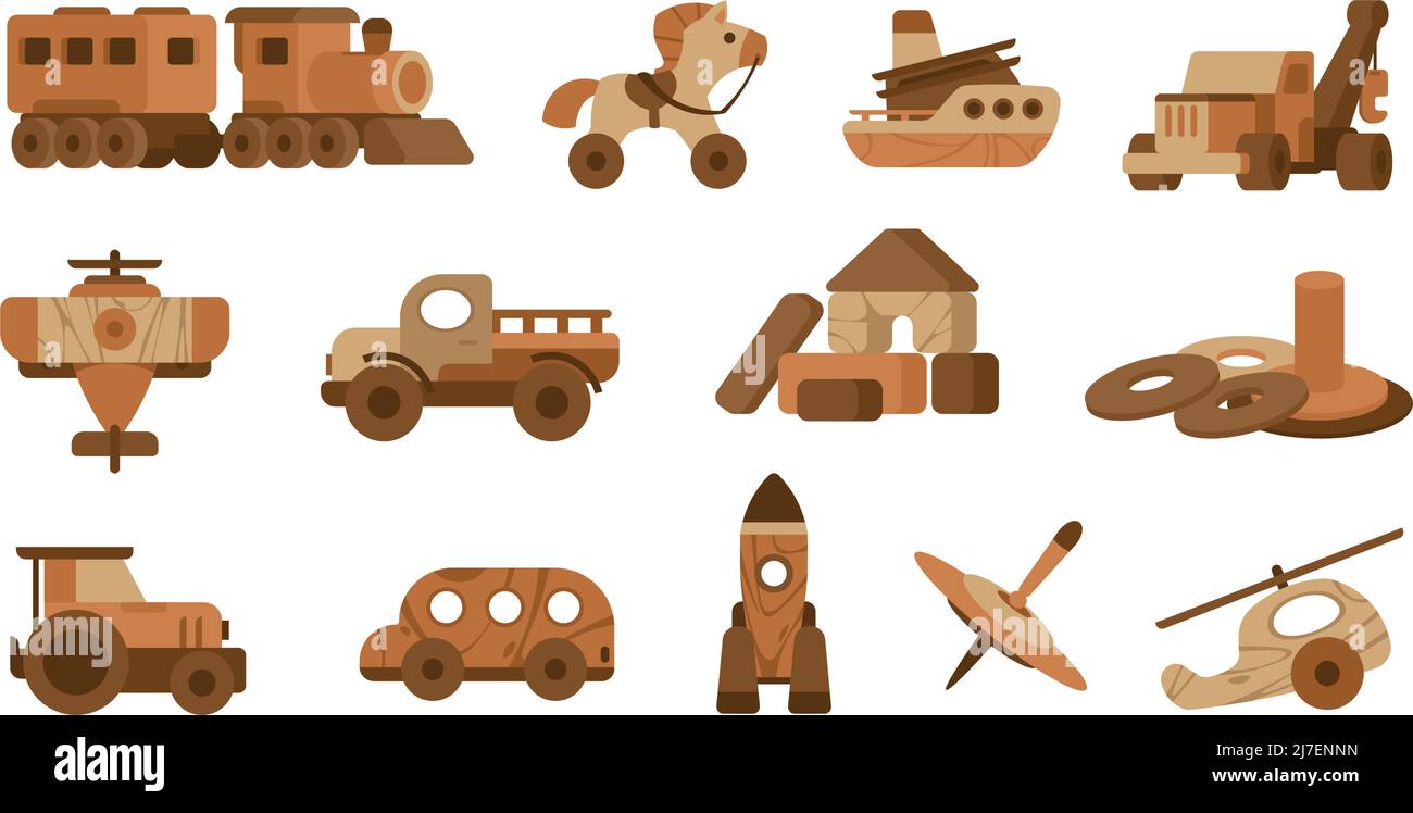 Giocattoli di legno. Bottega del giocattolo dei cartoni animati, nave del treno in legno e animali, diversi puzzle per bambini isolati su bianco. Set vettoriale Illustrazione Vettoriale