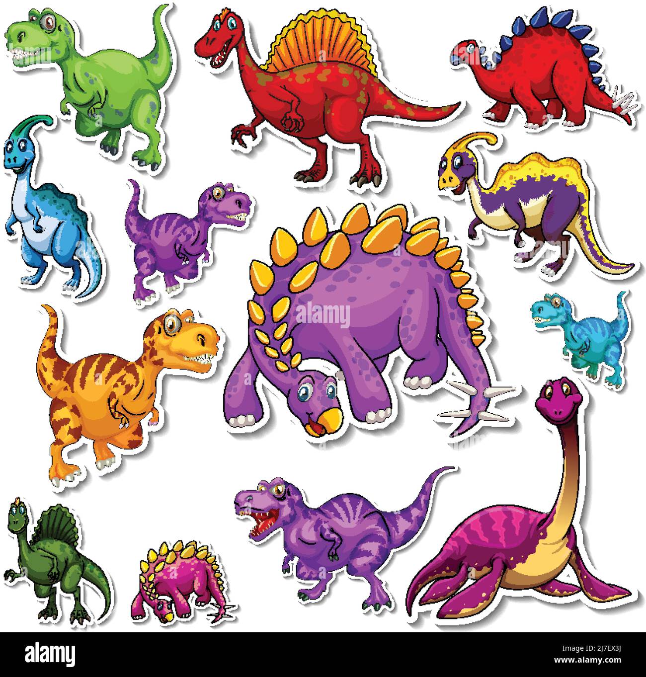 Set di adesivi di diversi dinosauri cartoni animati Illustrazione Vettoriale