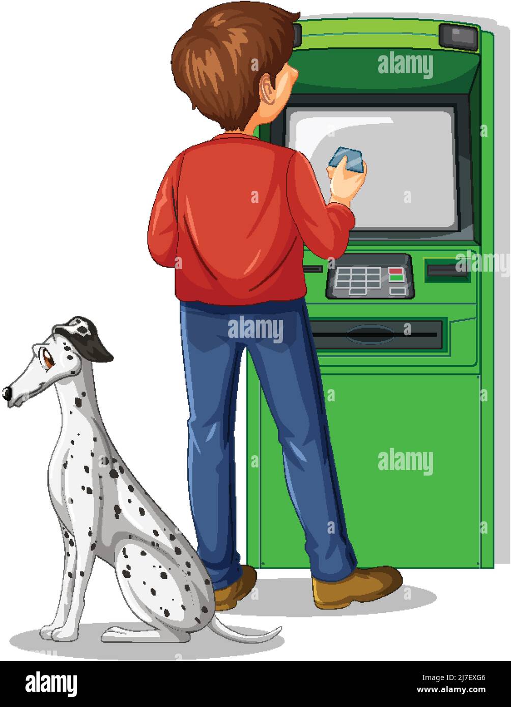 L'uomo preleva denaro da bancomat con un'illustrazione del cane Illustrazione Vettoriale