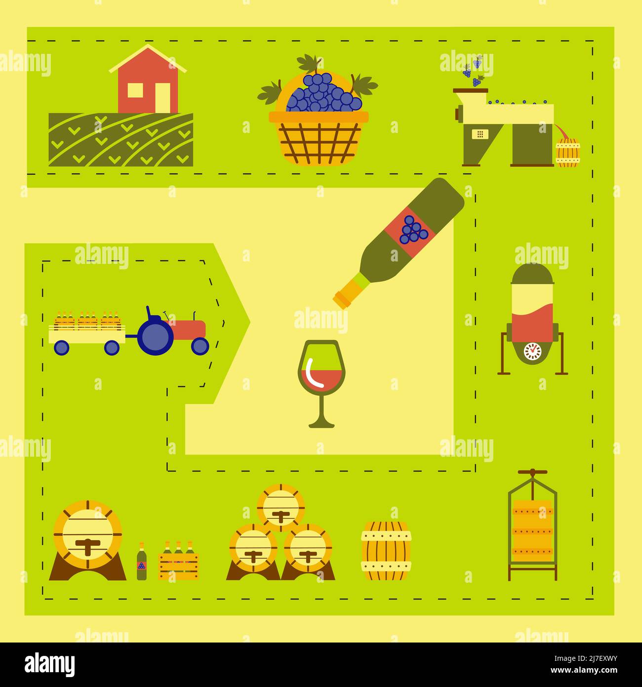 Infografica sul processo di vinificazione. Set di illustrazioni colorate. Vettore. Illustrazione Vettoriale