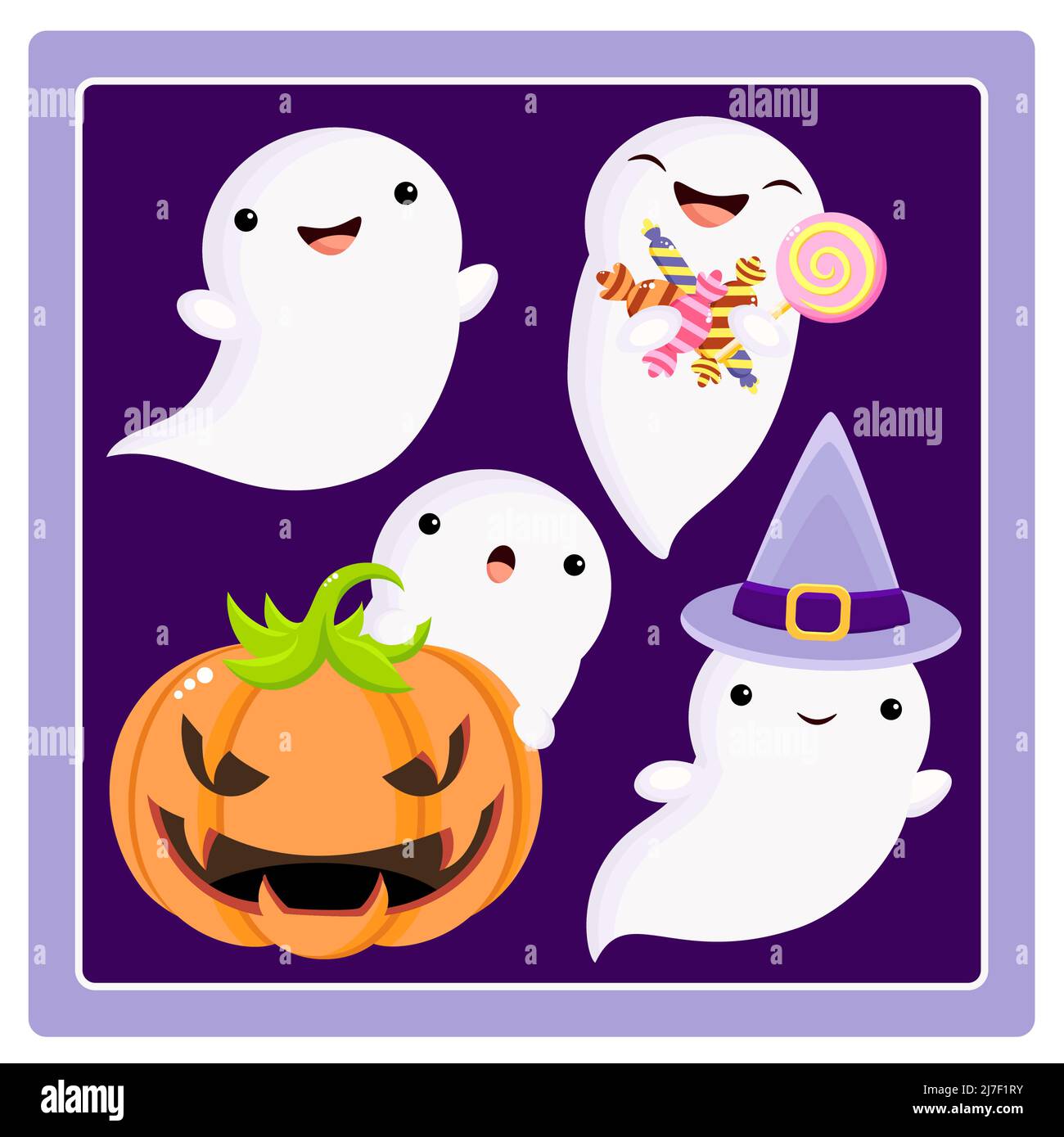 Set di simpatici fantasmi con diverse emozioni in stile kawaii. Halloween Collezione di piccoli fantasmi con caramelle, zucca, in cappello. Illustrazione vettoriale EPS Illustrazione Vettoriale