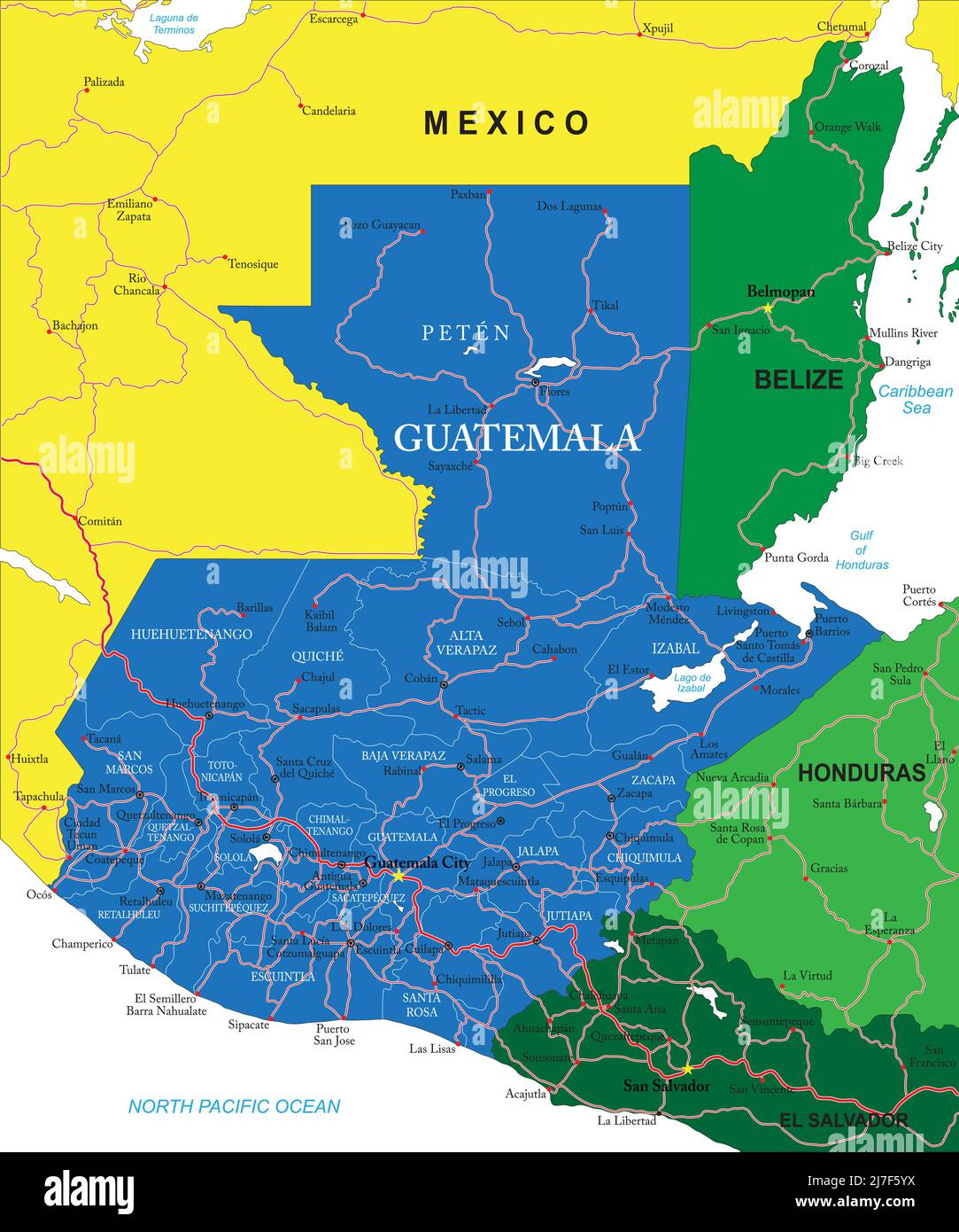 Mappa vettoriale molto dettagliata del Guatemala con regioni amministrative, principali città e strade. Illustrazione Vettoriale