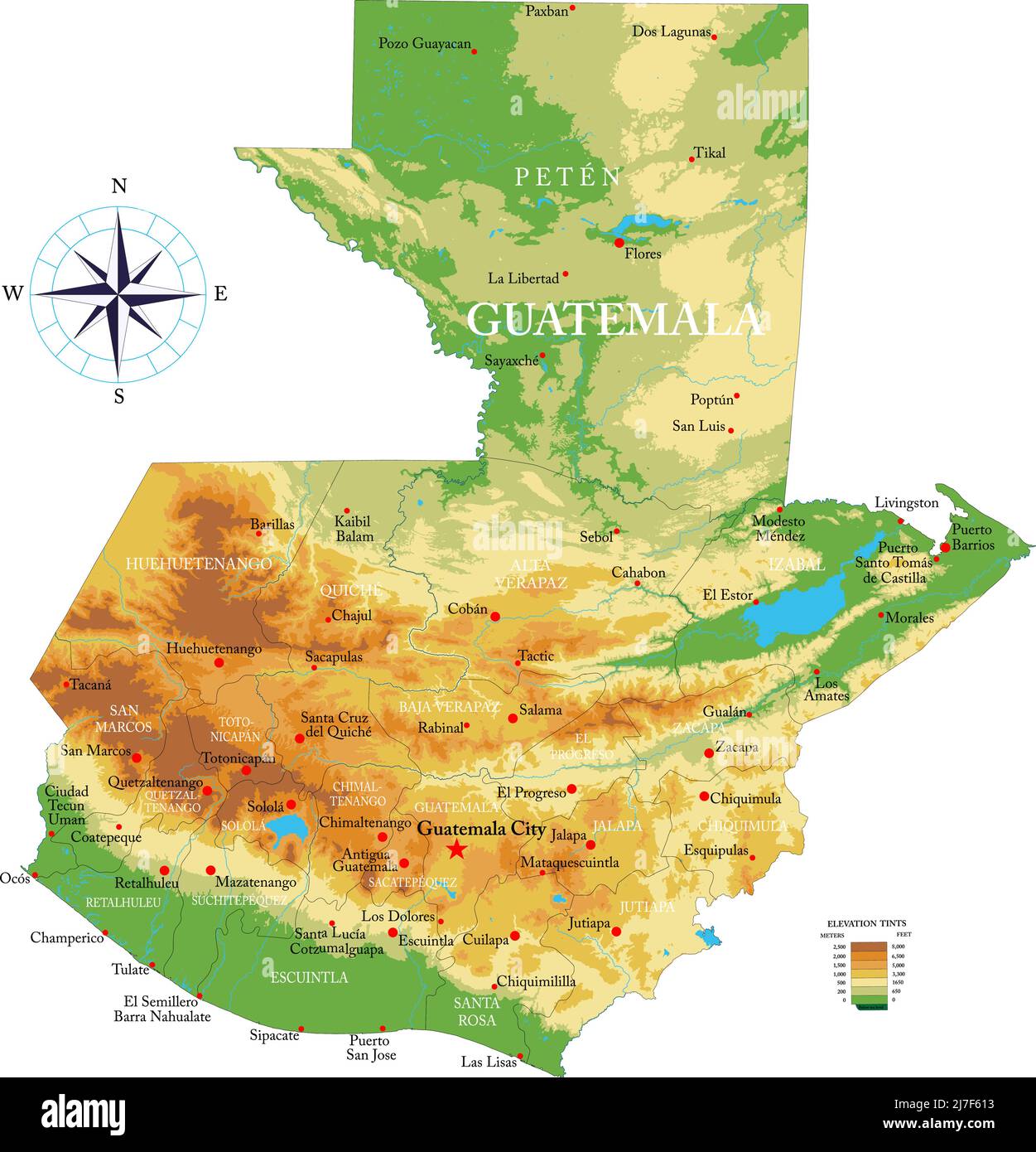 Mappa fisica molto dettagliata del Guatemala, in formato vettoriale, con tutte le forme di rilievo, regioni e grandi città. Illustrazione Vettoriale