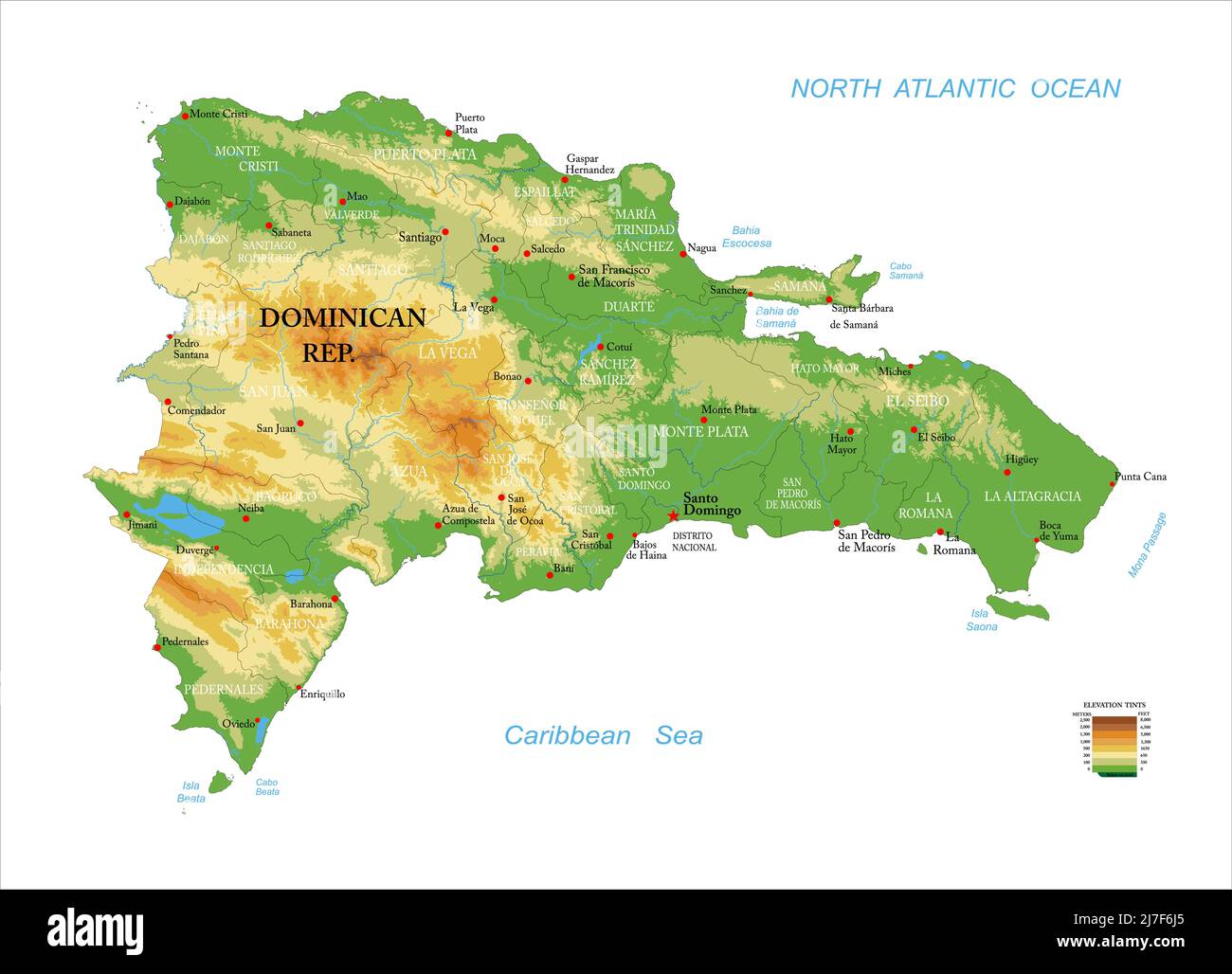 Mappa fisica molto dettagliata della Repubblica Dominicana, in formato vettoriale, con tutte le forme di rilievo, regioni e grandi città. Illustrazione Vettoriale