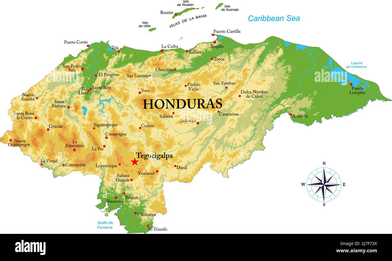 Mappa fisica molto dettagliata dell'Honduras, in formato vettoriale, con tutte le forme di rilievo, le regioni e le grandi città. Illustrazione Vettoriale