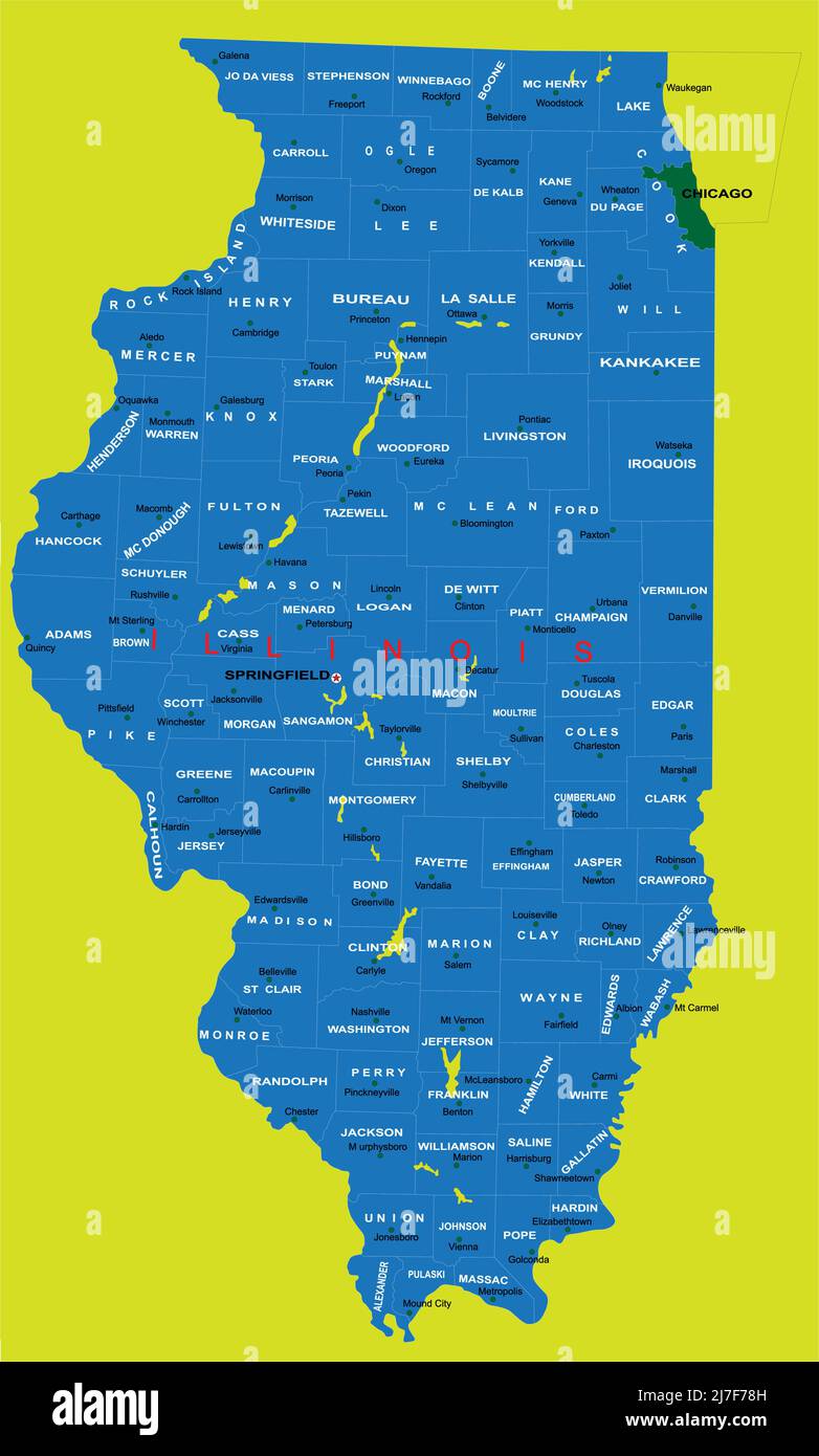 Mappa molto dettagliata dell'Illinois con regioni amministrative e città principali. Illustrazione Vettoriale