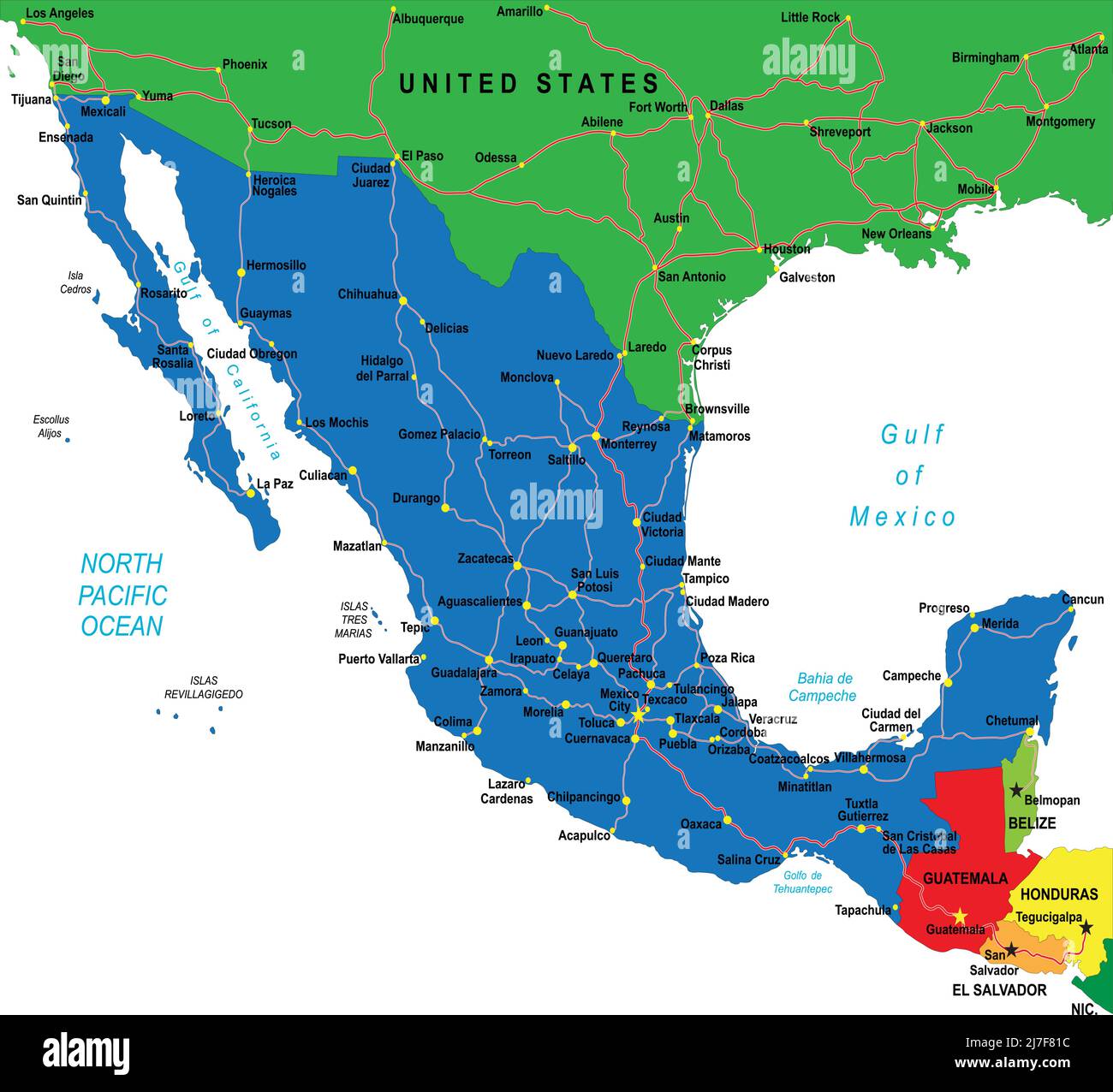 Messico mappa molto dettagliata con le principali città, regioni e strade. Illustrazione Vettoriale