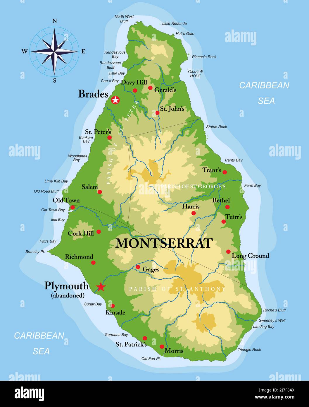 Mappa fisica altamente dettagliata dell'isola di Montserrat, in formato vettoriale, con tutte le forme di rilievo, le regioni e le grandi città. Illustrazione Vettoriale
