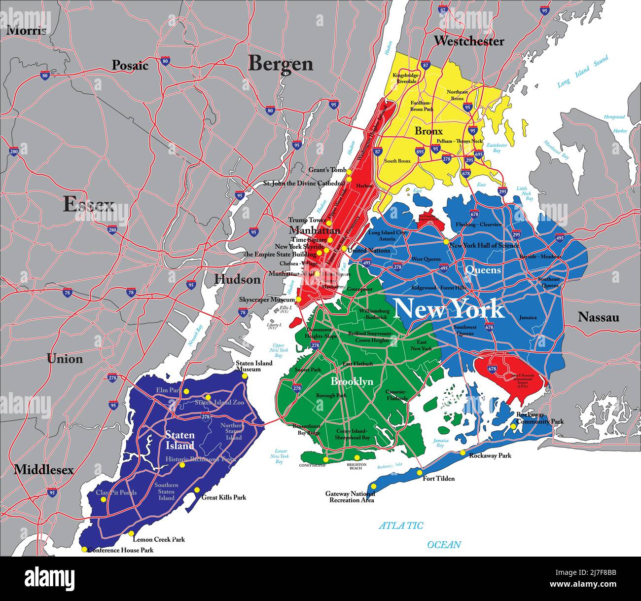 Mappa vettoriale molto dettagliata di New York City con i cinque quartieri, l'area metropolitana e le strade principali. Illustrazione Vettoriale