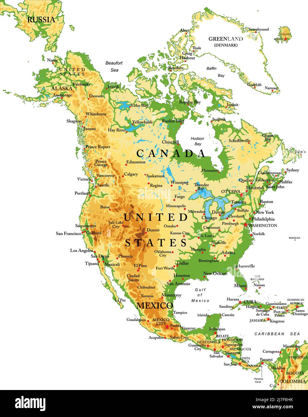 Mappa fisica molto dettagliata del Nord America, in formato vettoriale, con tutte le forme di rilievo, paesi e grandi città. Illustrazione Vettoriale
