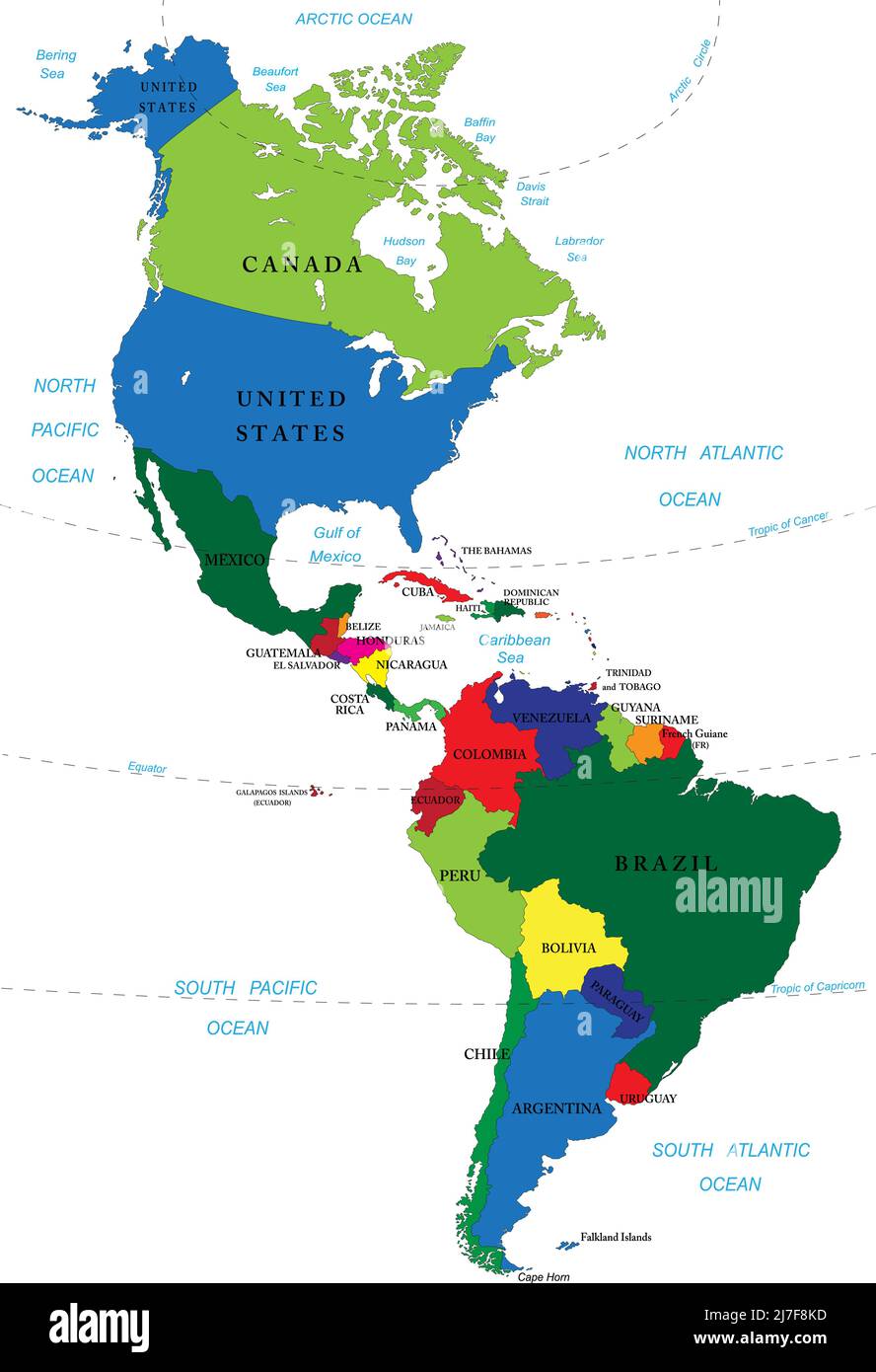 Mappa vettoriale estremamente dettagliata del Nord e del Sud America con ogni paese completamente personalizzabile. Illustrazione Vettoriale