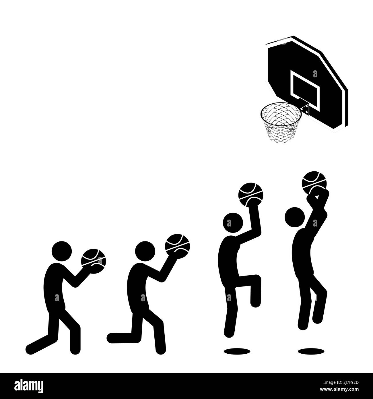 Set di bastoni che giocano a basket su sfondo bianco. Stile piatto, illustrazione vettoriale. Illustrazione Vettoriale