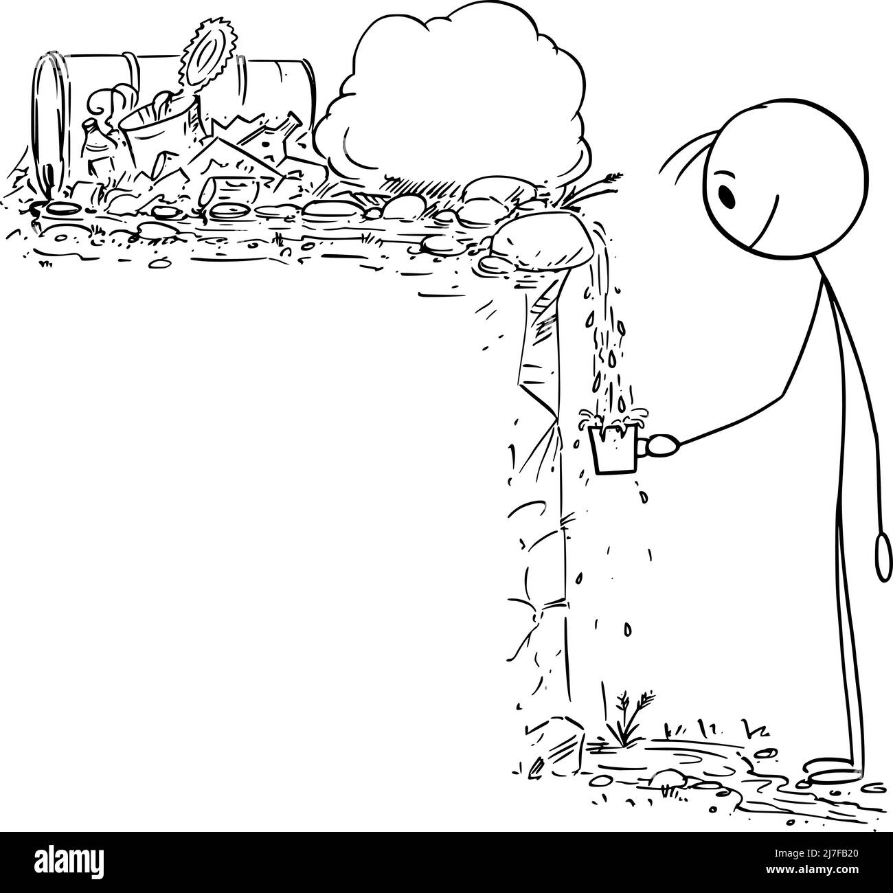 Persona che beve acqua inquinata o contaminata in natura da sorgente o Fontana, Vector Cartoon Stick Figura Illustrazione Illustrazione Vettoriale