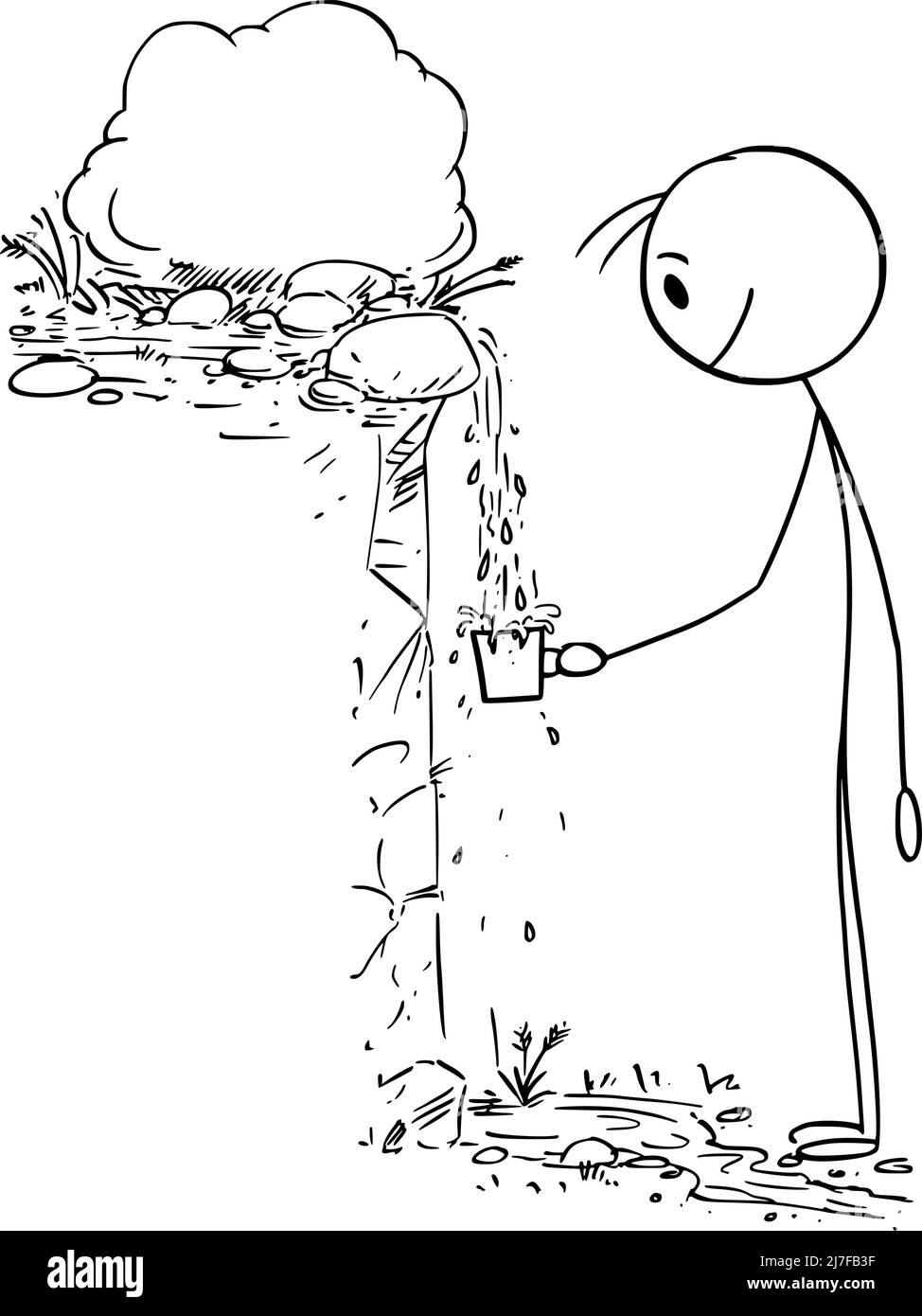 Persona che beve acqua in natura da primavera o Fontana, Vector Cartoon Stick Illustrazione Illustrazione Vettoriale