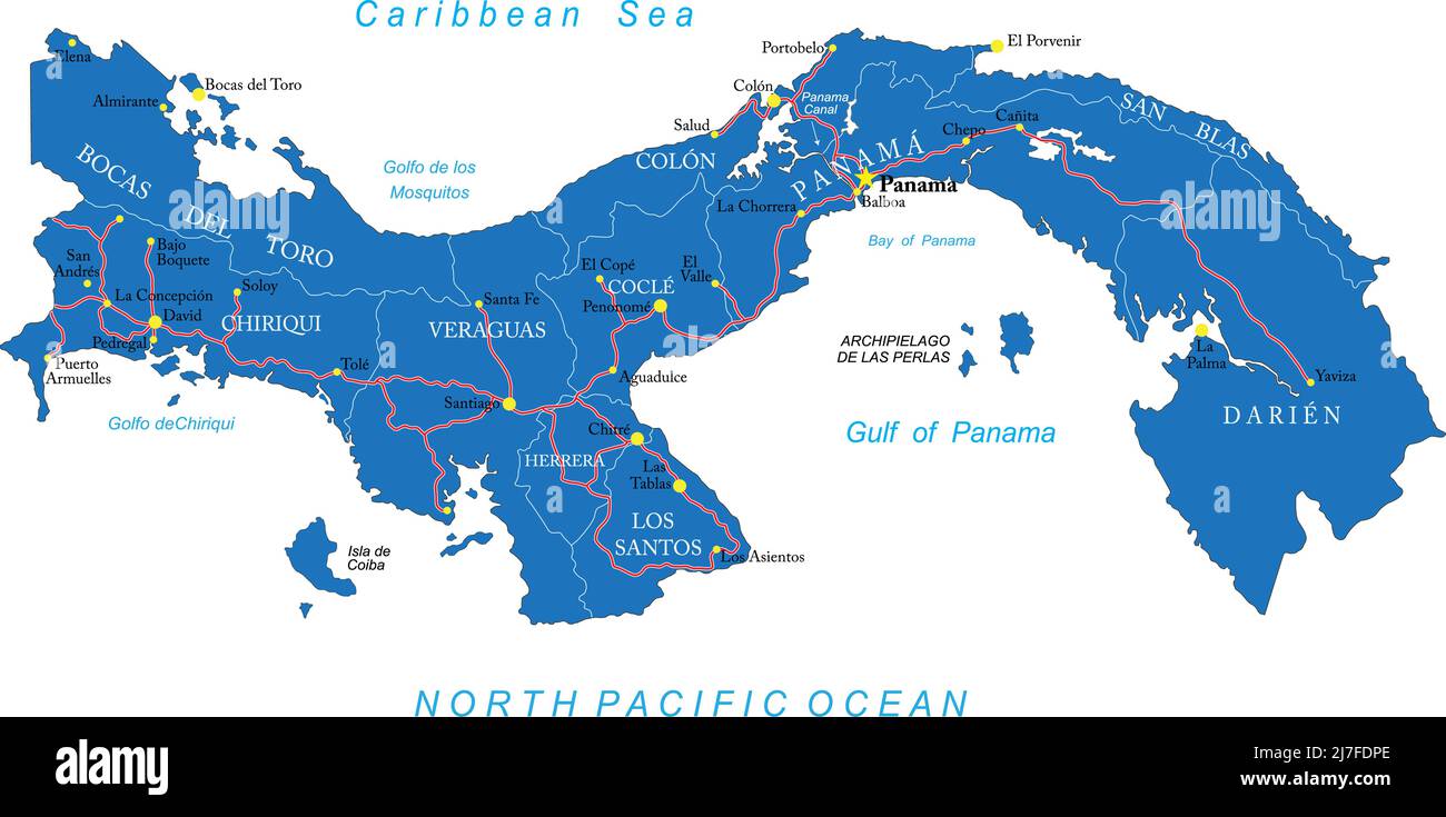 Mappa vettoriale molto dettagliata di Panama con regioni amministrative, città principali e strade. Illustrazione Vettoriale