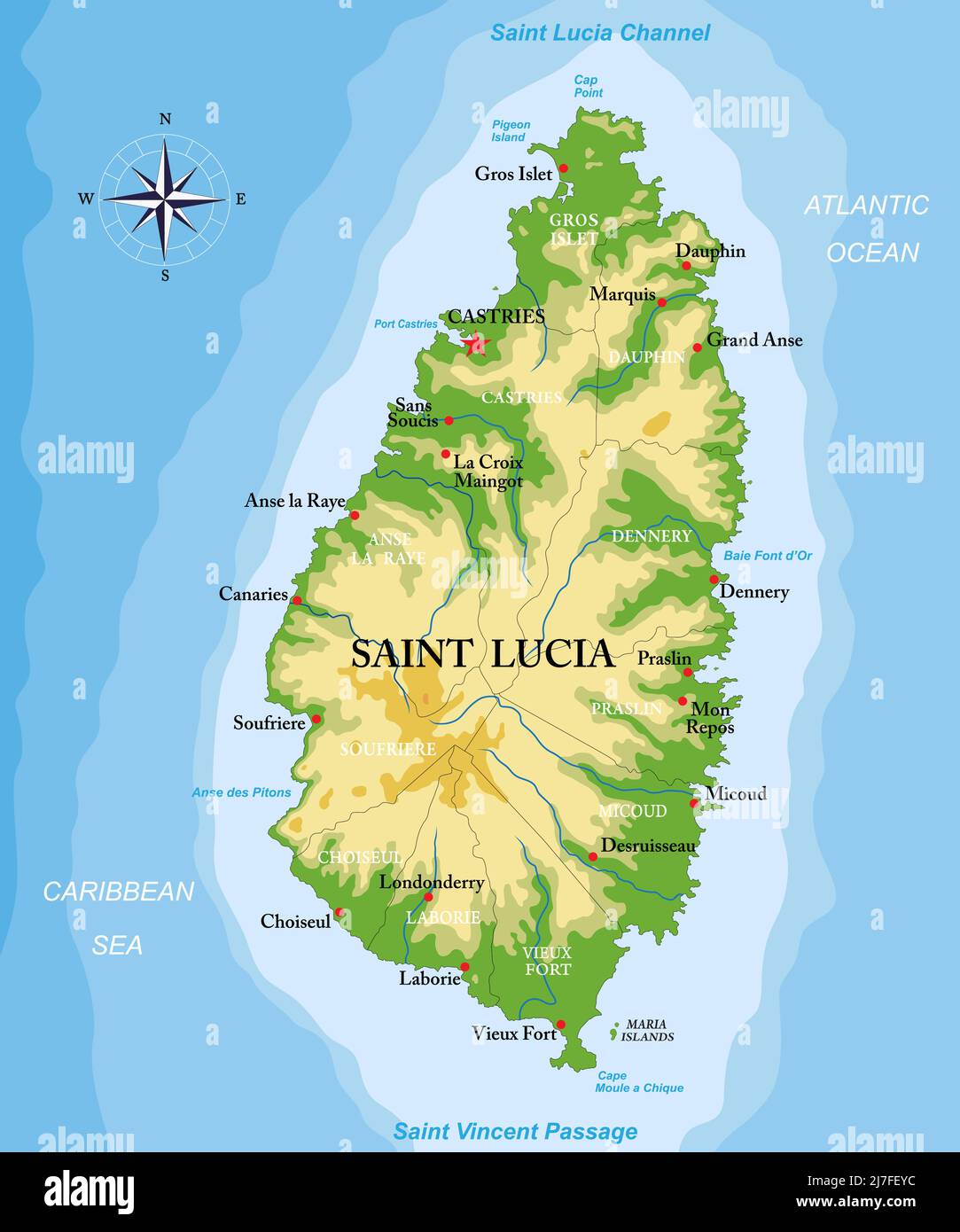 Mappa fisica molto dettagliata dell'isola di Santa Lucia, in formato vettoriale, con tutte le forme di rilievo, le regioni e le grandi città. Illustrazione Vettoriale