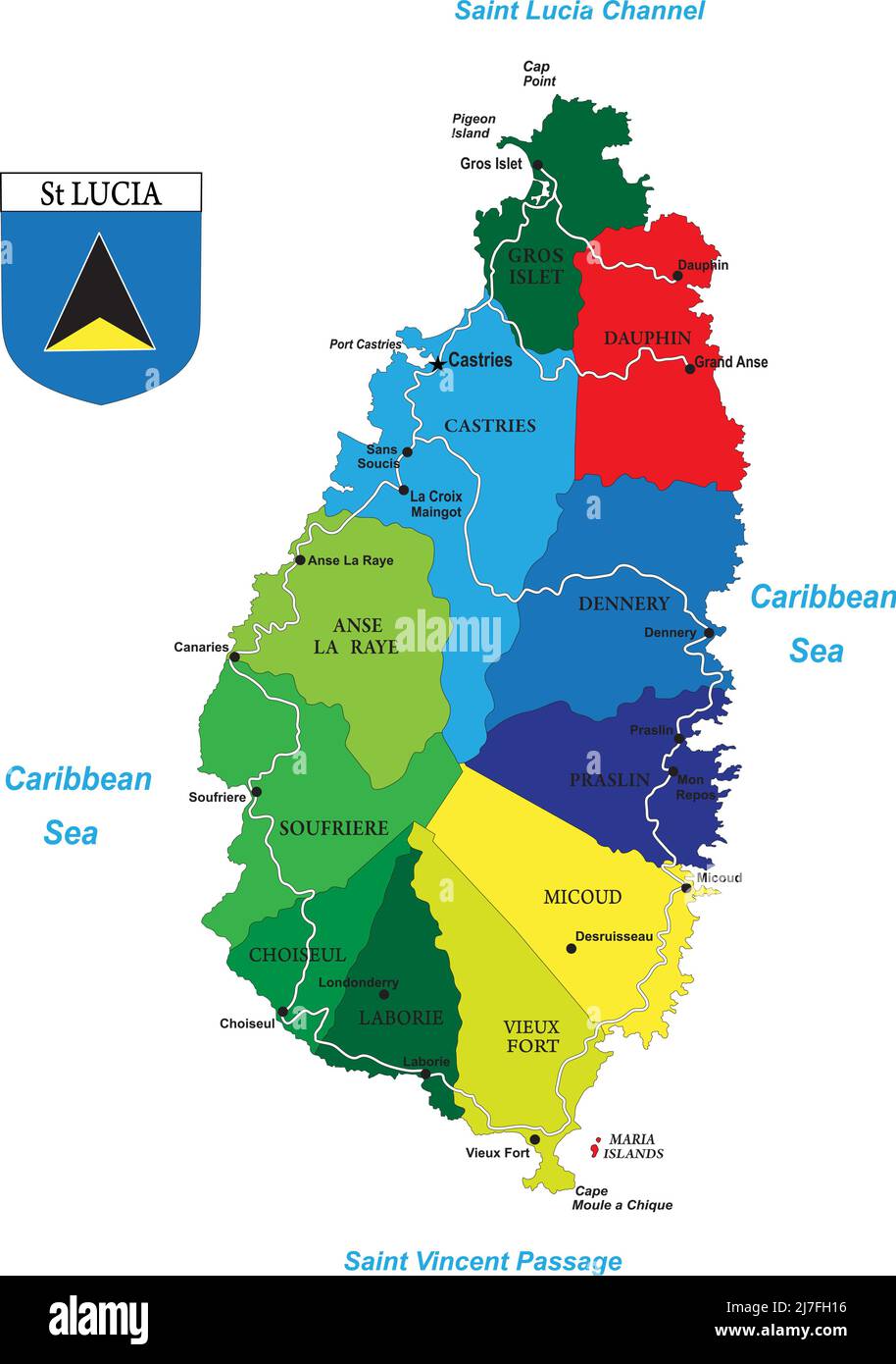 Mappa vettoriale molto dettagliata dell'isola caraibica di Santa Lucia con le principali città, regioni e strade. Illustrazione Vettoriale