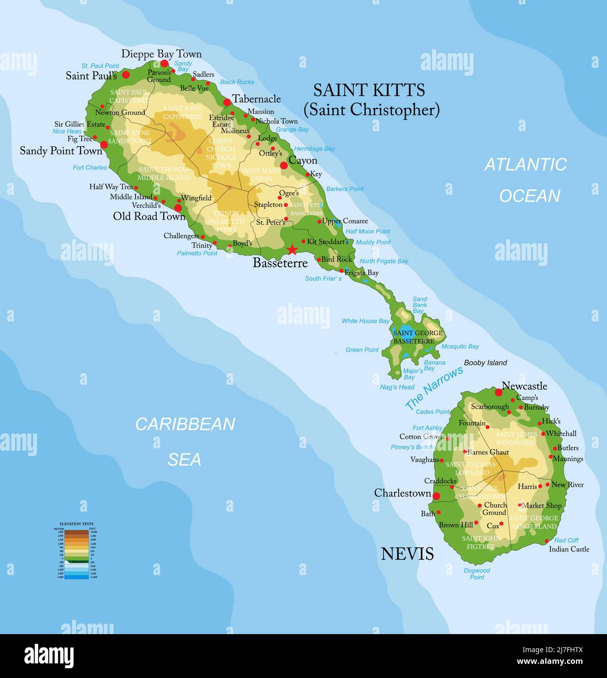 Mappa fisica molto dettagliata delle isole di Saint Kitts e Nevis, in formato vettoriale, con tutte le forme di rilievo, regioni e grandi città. Illustrazione Vettoriale