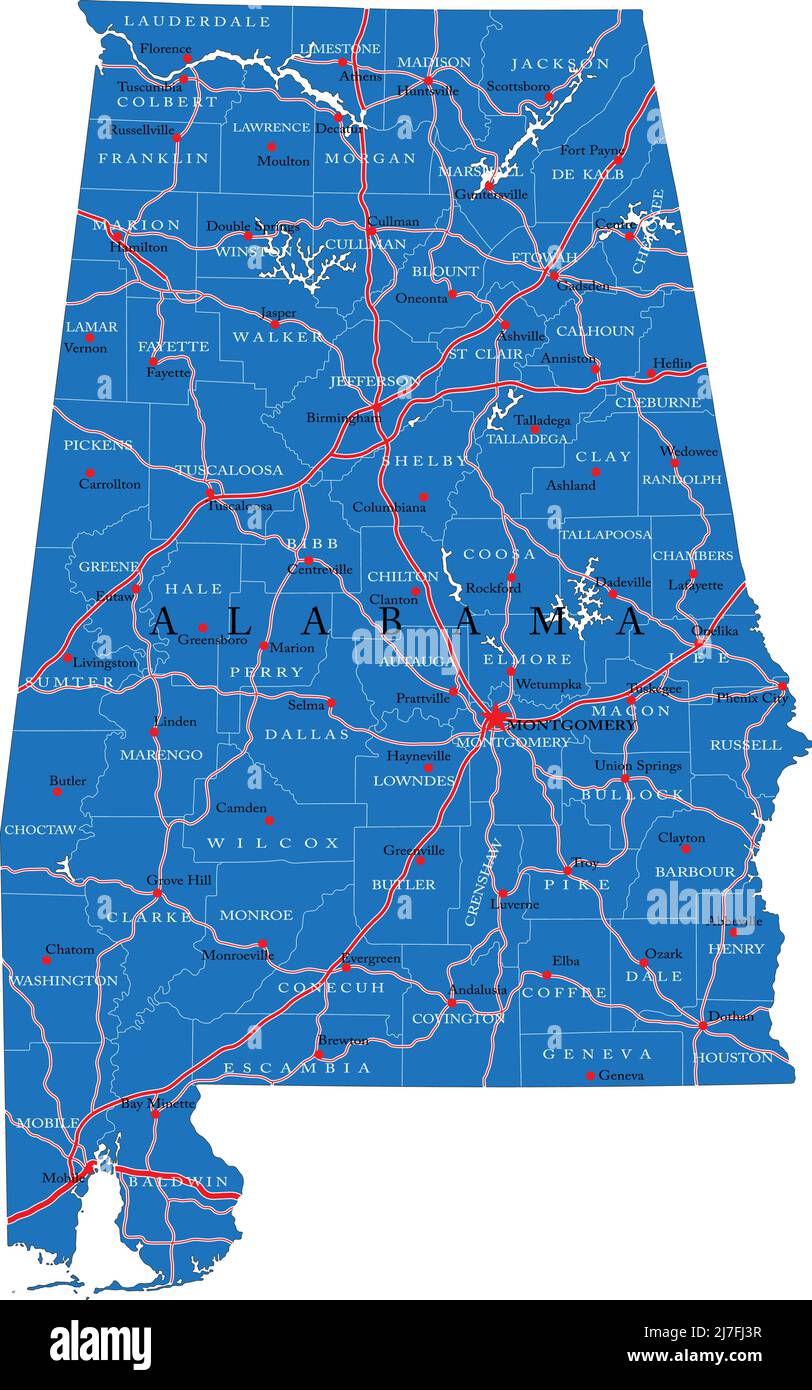 Mappa dettagliata dello stato dell'Alabama, in formato vettoriale, con confini della contea, strade e città principali. Illustrazione Vettoriale