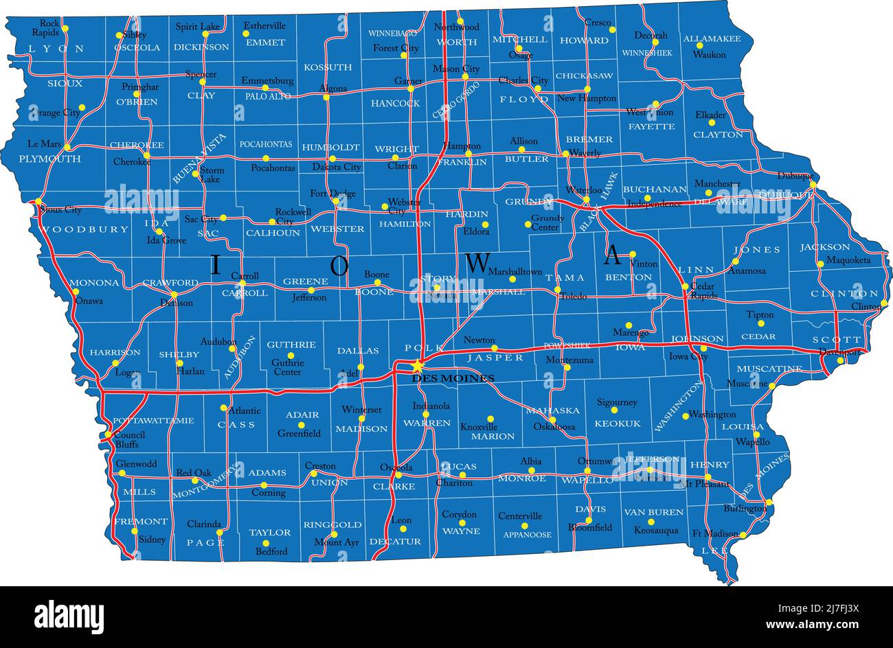 Mappa dettagliata dello stato dell'Iowa, in formato vettoriale, con confini della contea, strade e città principali. Illustrazione Vettoriale