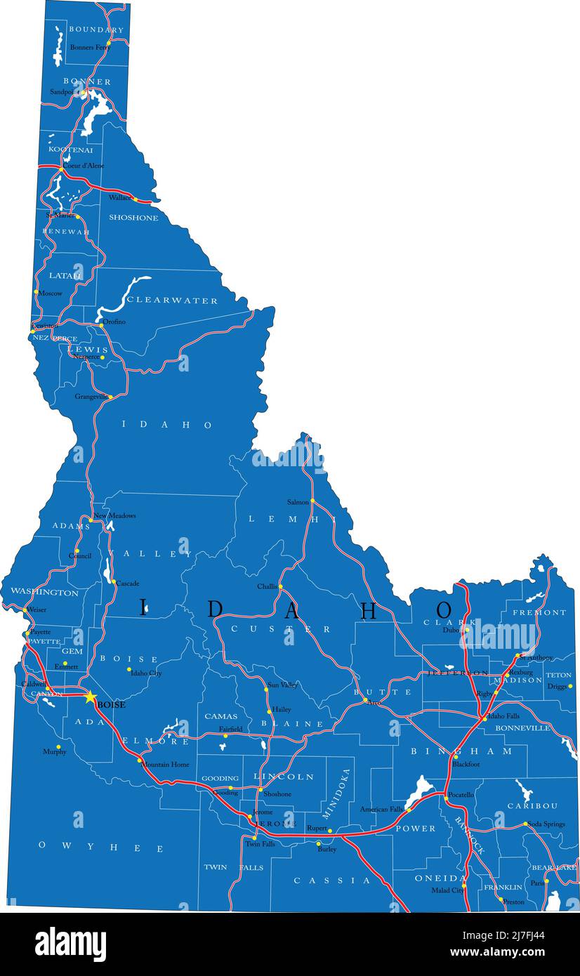 Mappa dettagliata dello stato dell'Idaho, in formato vettoriale, con confini della contea, strade e città principali. Illustrazione Vettoriale