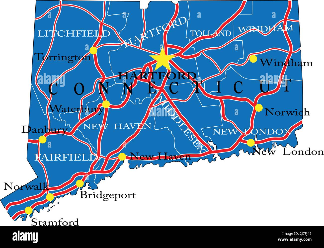 Mappa dettagliata dello stato del Connecticut, in formato vettoriale, con confini della contea, strade e città principali. Illustrazione Vettoriale