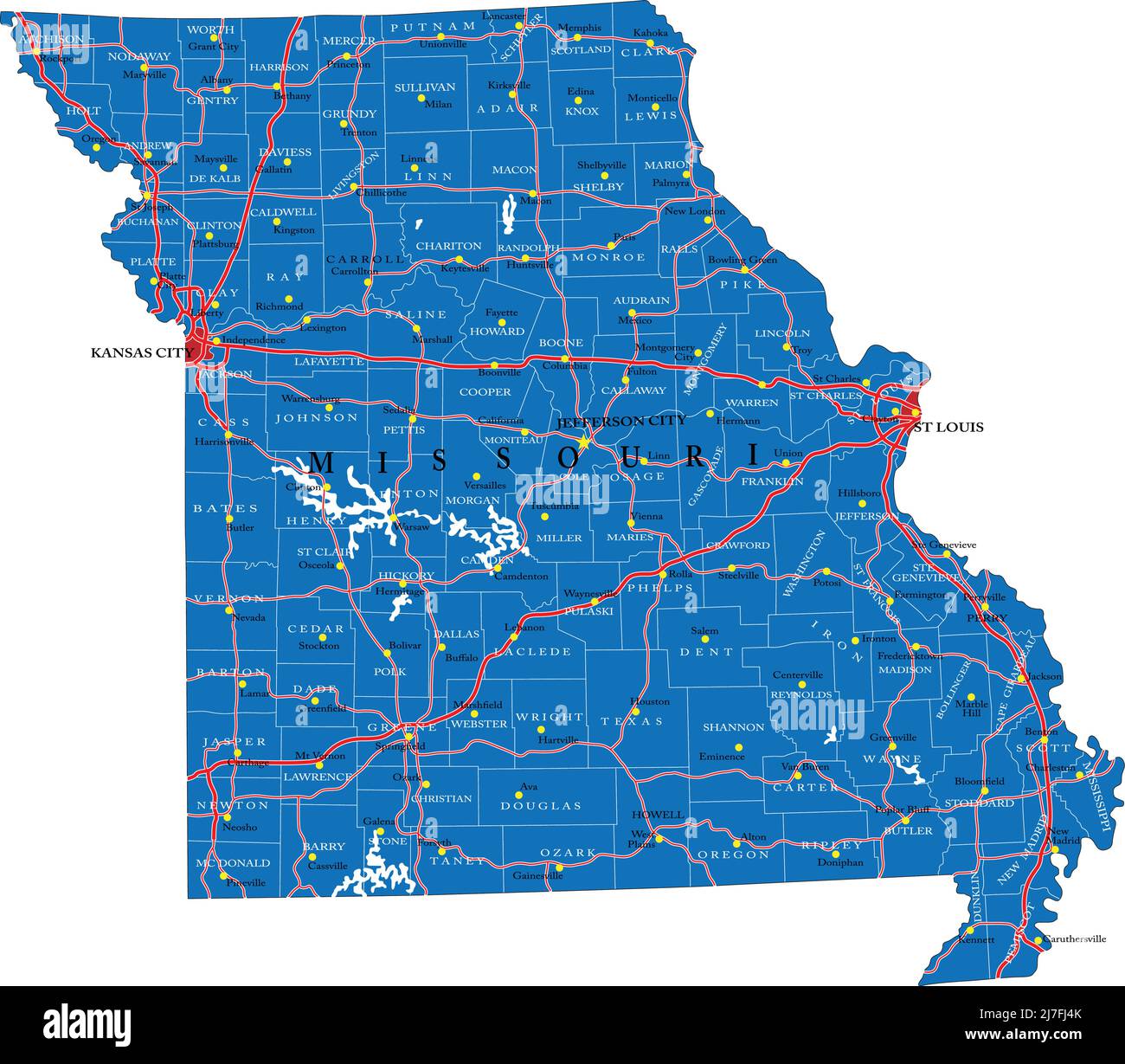 Mappa dettagliata dello stato del Missouri, in formato vettoriale, con confini della contea, strade e città principali. Illustrazione Vettoriale