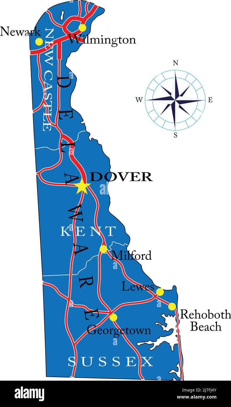Mappa dettagliata dello stato del Delaware, in formato vettoriale, con confini della contea, strade e città principali. Illustrazione Vettoriale