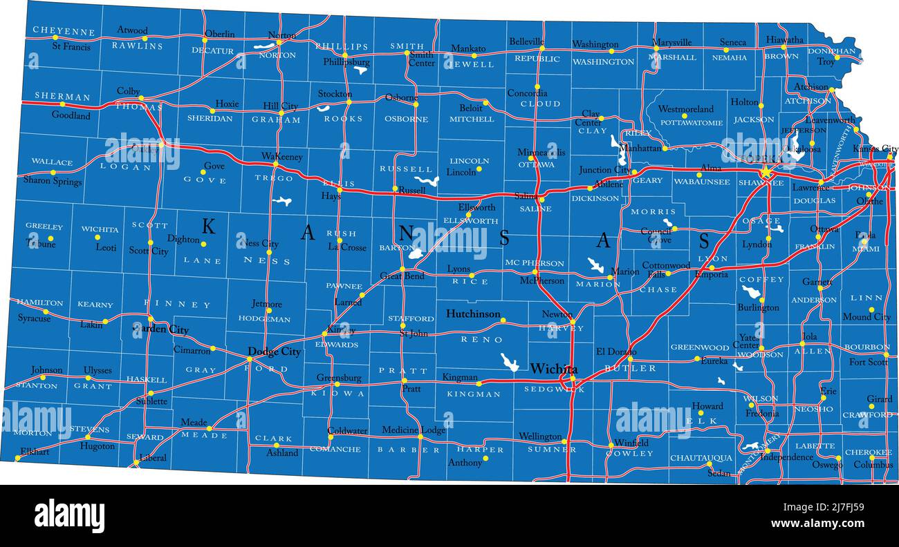 Mappa dettagliata dello stato del Kansas, in formato vettoriale, con confini della contea, strade e città principali. Illustrazione Vettoriale