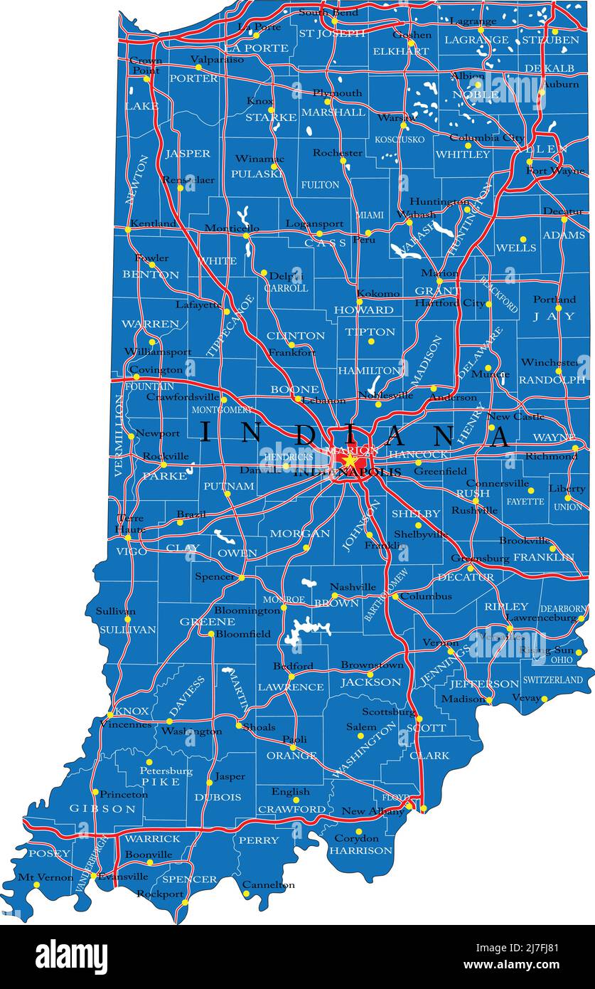 Mappa dettagliata dello stato dell'Indiana, in formato vettoriale, con confini della contea, strade e città principali. Illustrazione Vettoriale