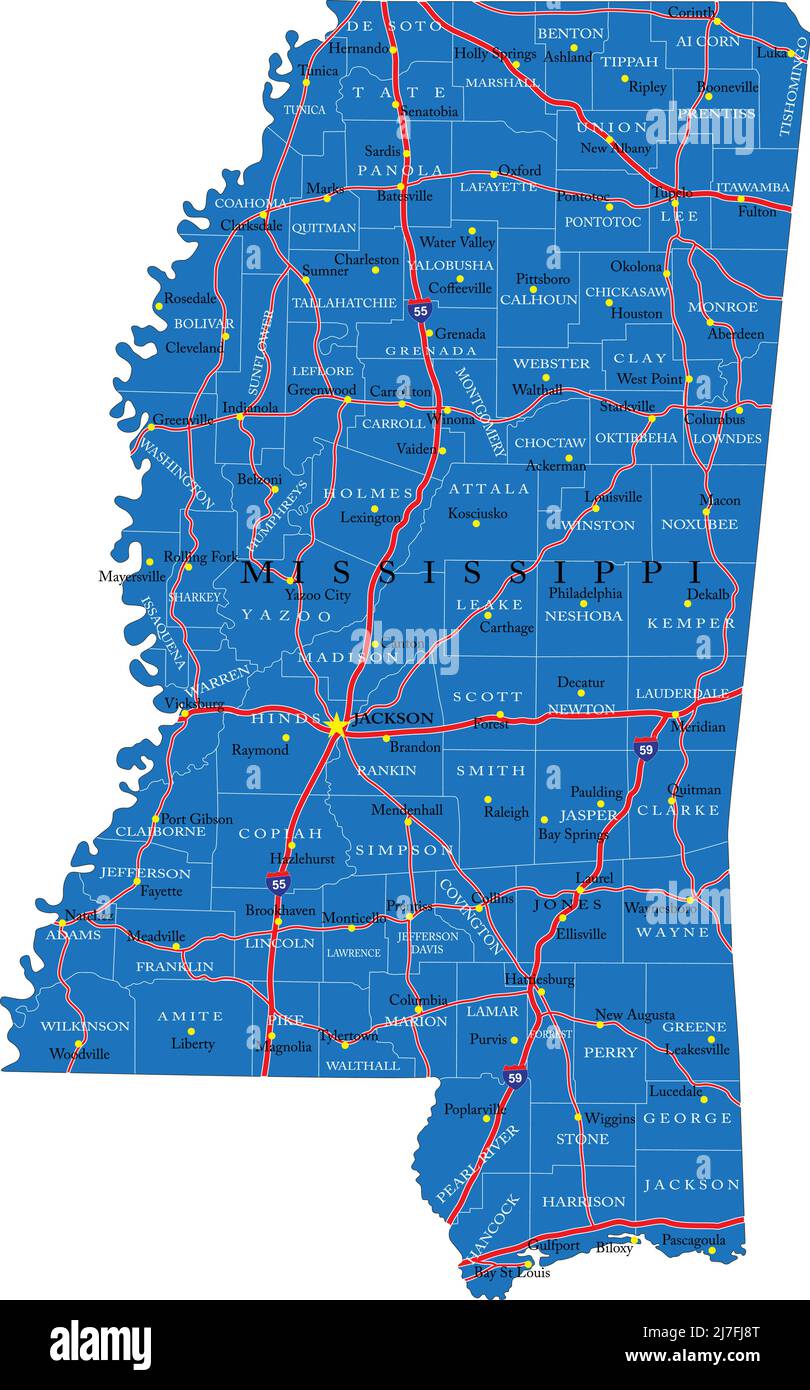 Mappa dettagliata dello stato del Mississippi, in formato vettoriale, con i confini della contea e le principali città. Illustrazione Vettoriale