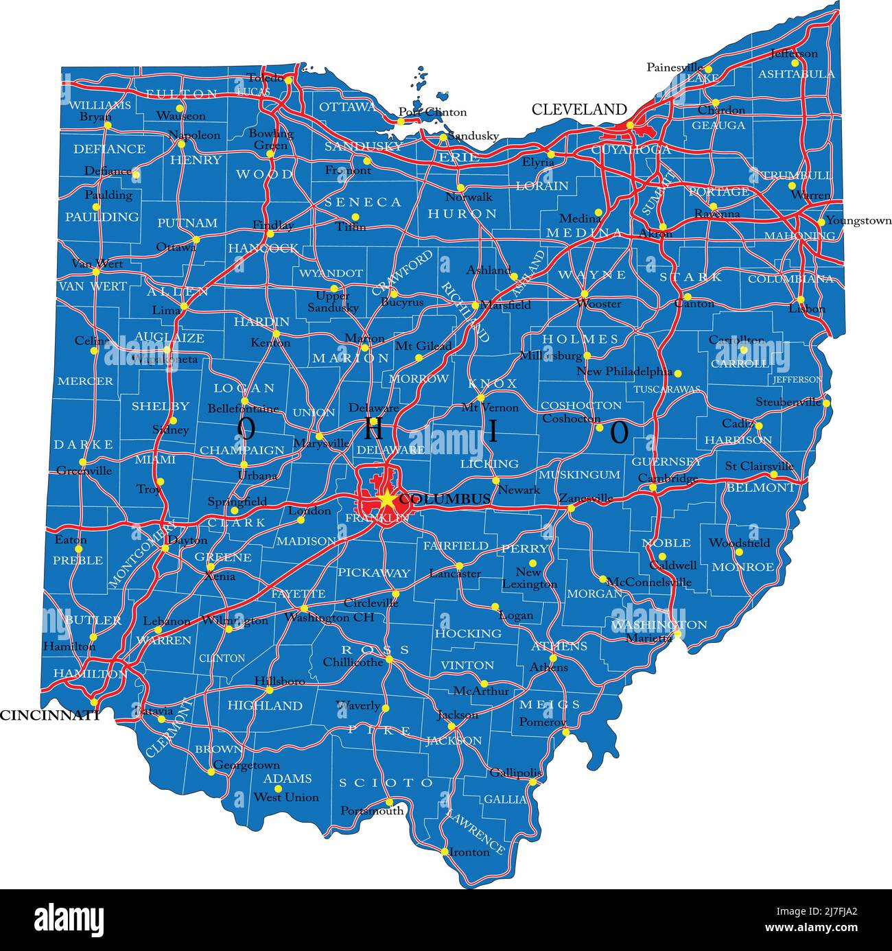 Mappa dettagliata dello stato dell'Ohio, in formato vettoriale, con confini della contea, strade e città principali. Illustrazione Vettoriale