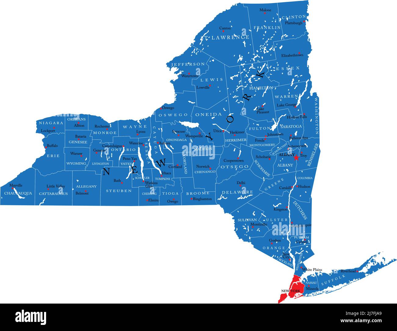 Mappa dettagliata dello stato di New York, in formato vettoriale, con i confini della contea e le principali città. Illustrazione Vettoriale