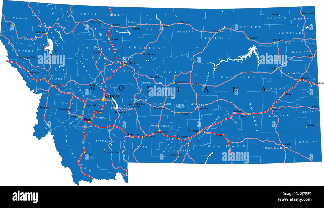 Mappa dettagliata dello stato del Montana, in formato vettoriale, con confini della contea, strade e città principali. Illustrazione Vettoriale