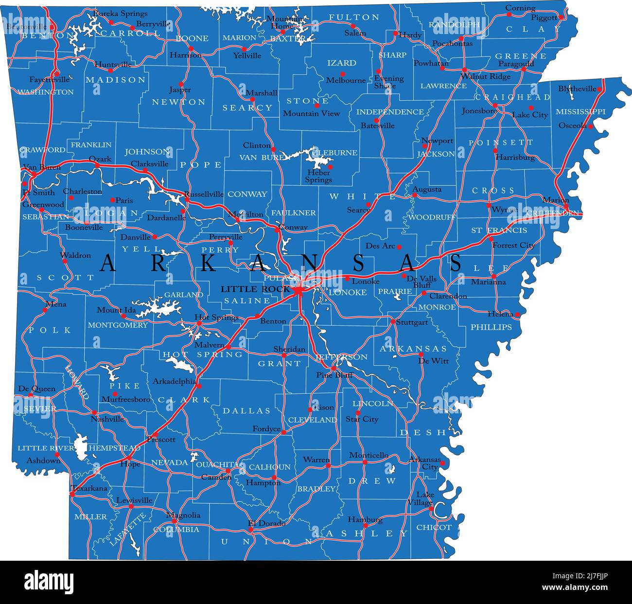 Mappa dettagliata dello stato dell'Arkansas, in formato vettoriale, con confini della contea, strade e città principali. Illustrazione Vettoriale