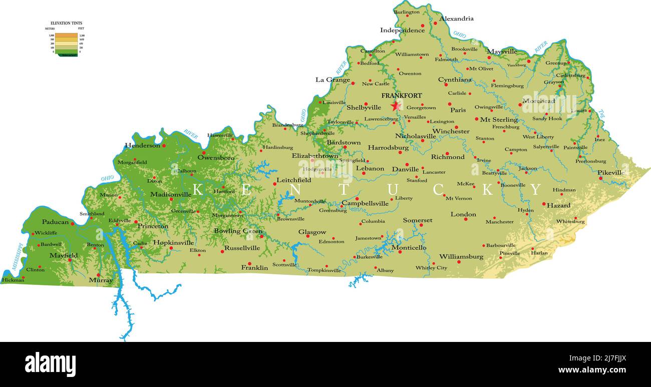 Mappa fisica molto dettagliata del Kentucky, in formato vettoriale, con tutte le forme di rilievo, regioni e grandi città. Illustrazione Vettoriale
