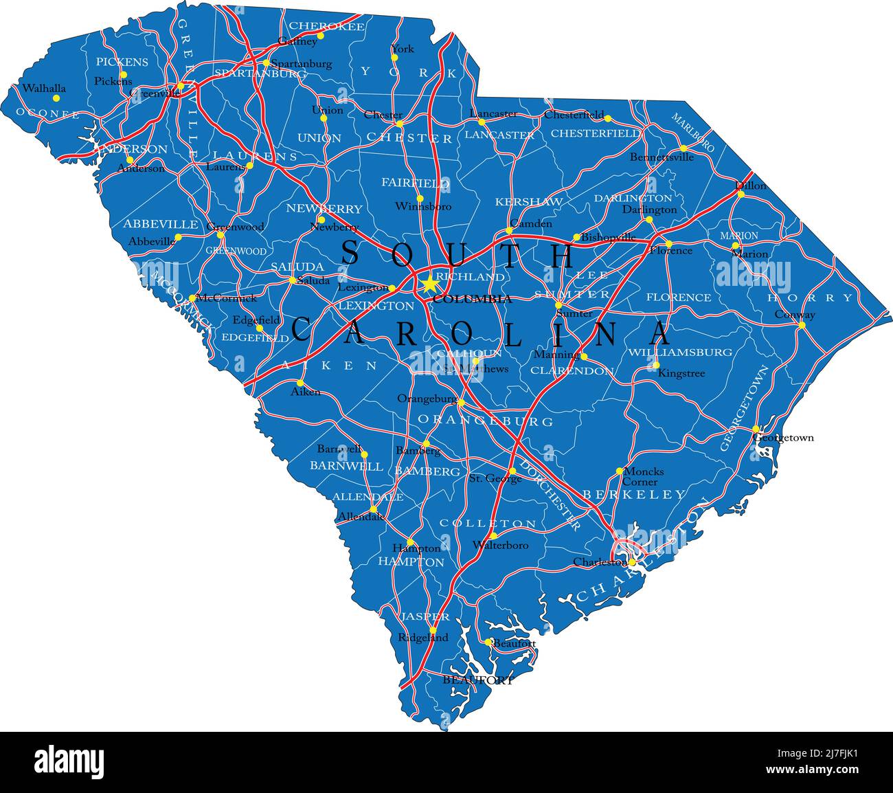 Mappa dettagliata dello stato del South Carolina, in formato vettoriale, con confini della contea, strade e città principali. Illustrazione Vettoriale