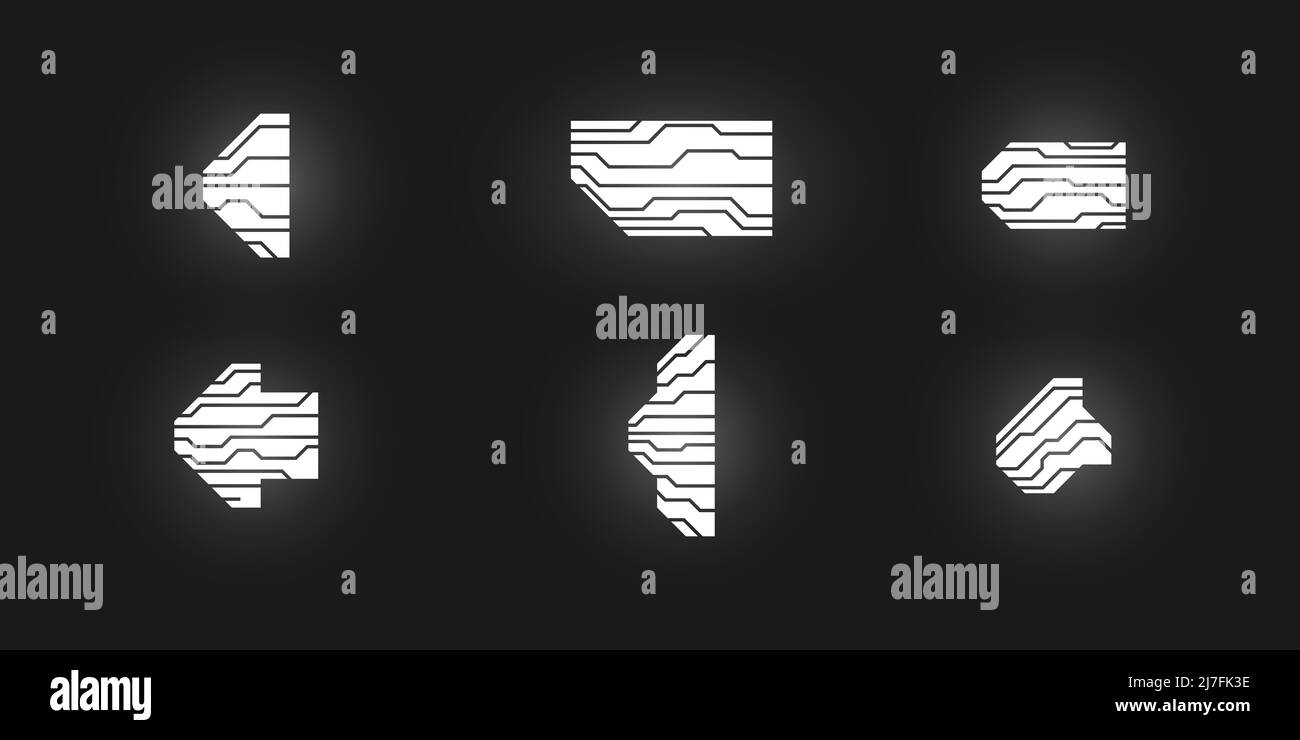 Frecce futuristiche cyberpunk impostate. Set di elementi per il design futuristico della Cyber. Frecce cibernetiche, puntatori, direzione. Indicatori di stile della tecnologia digitale. Vettore Illustrazione Vettoriale