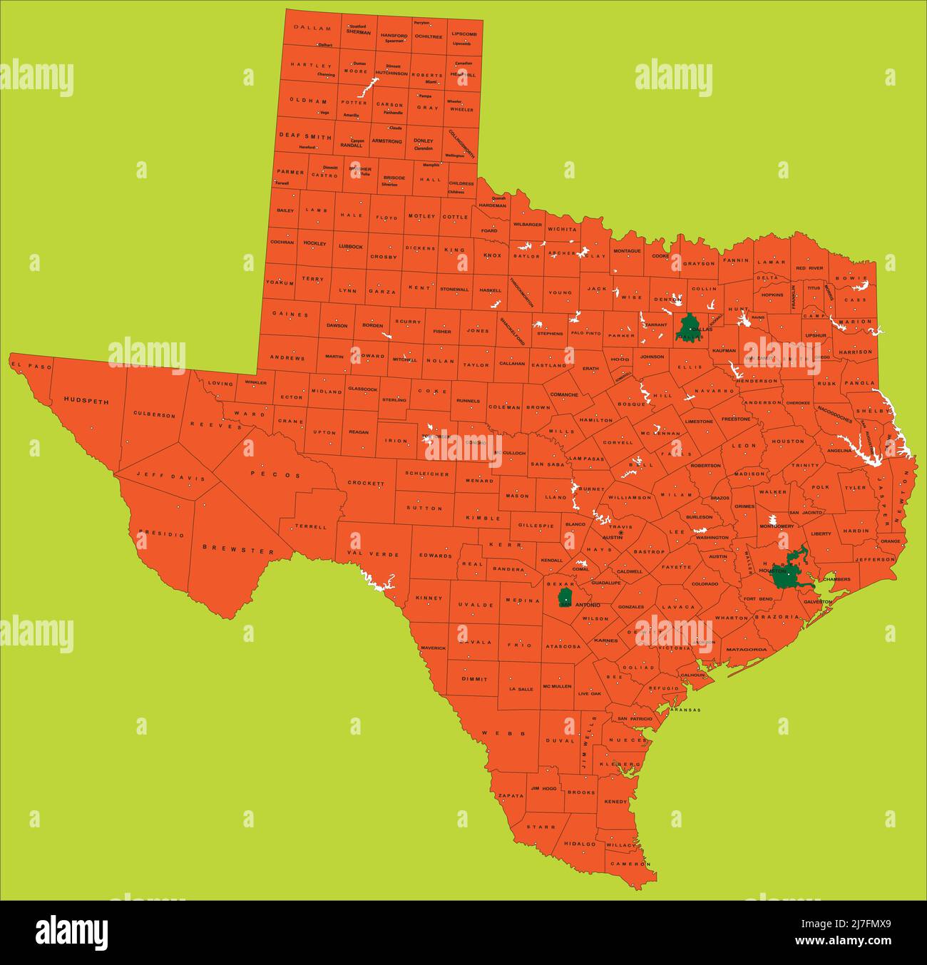 Mappa politica del Texas, illustrazione con ogni contea selezionabile in modo indipendente Illustrazione Vettoriale