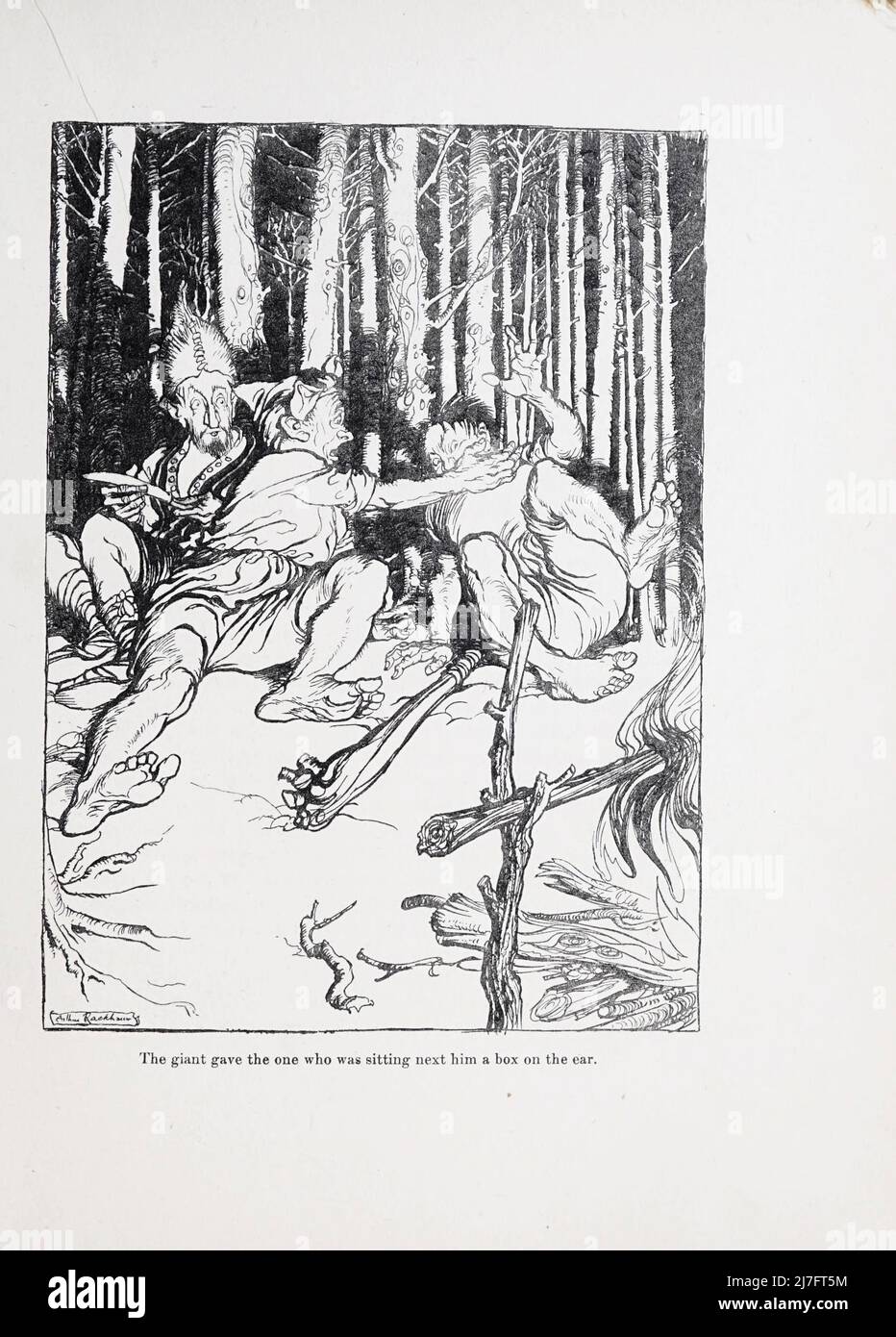 Il gigante diede a colui che era seduto accanto a lui una scatola sull'orecchio del CACCIATORE ABILE dal libro 'fratellino & sorella piccola : e altri racconti' di Grimm, Jacob, 1785-1863; Grimm, Wilhelm, 1786-1859; illustrato da Rackham, Arthur, 1867-1939, stampante; Edinburgh University Press, Data di pubblicazione 1917 Editore Londra : Constable & Co. Foto Stock