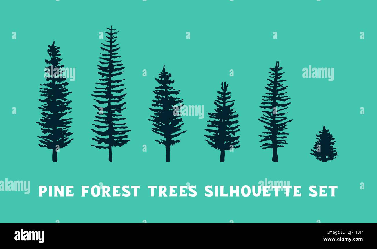 Set di silhouette vettoriale di pini e abeti. Alberi di disegno piatti su sfondo verde Illustrazione Vettoriale