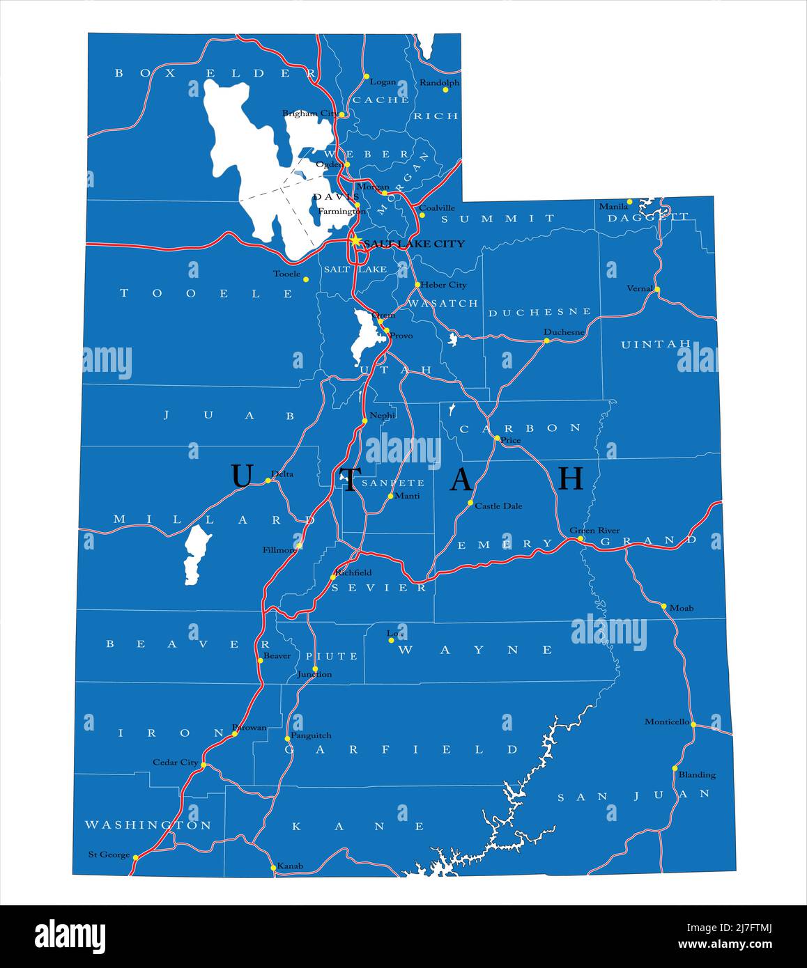 Mappa dettagliata dello stato dello Utah, in formato vettoriale, con confini della contea, strade e città principali. Illustrazione Vettoriale