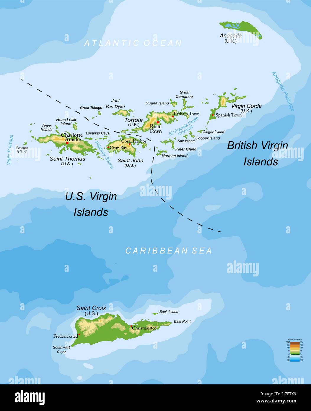 Mappa fisica molto dettagliata delle Isole Vergini statunitensi e britanniche, in formato vettoriale, con tutte le forme di rilievo, le regioni e le grandi città. Illustrazione Vettoriale